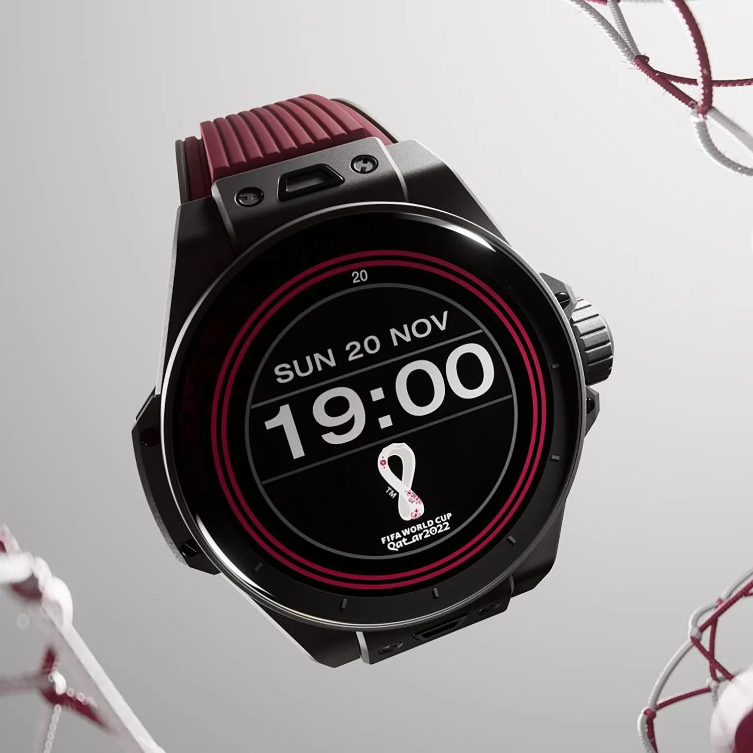 Montre BIG BANG E FIFA WORLD CUP QATAR 2022 Bracelets caoutchouc noir et noir doublé bourgogne, Boucle déployante, Cadran numérique Hublot
