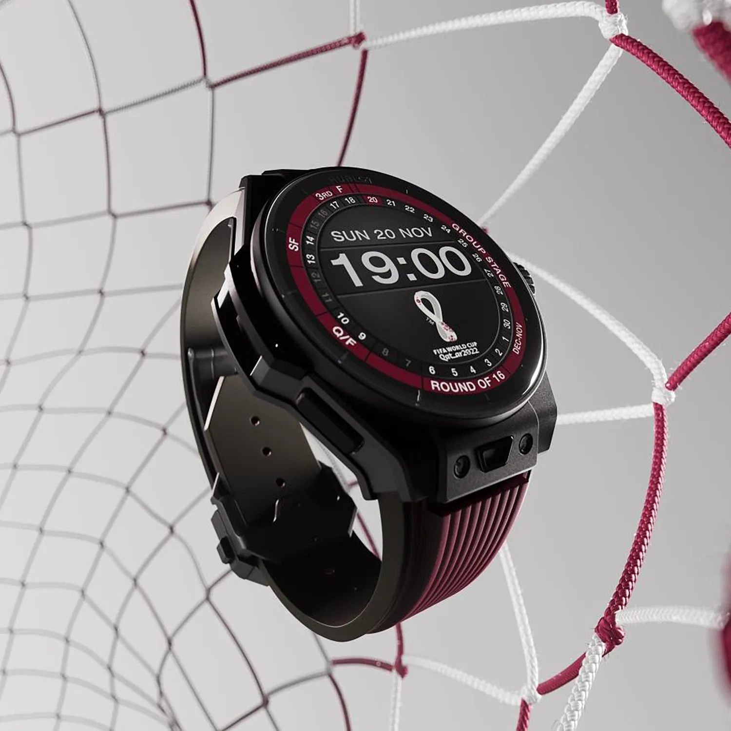 Montre BIG BANG E FIFA WORLD CUP QATAR 2022 Bracelets caoutchouc noir et noir doublé bourgogne, Boucle déployante, Cadran numérique Hublot