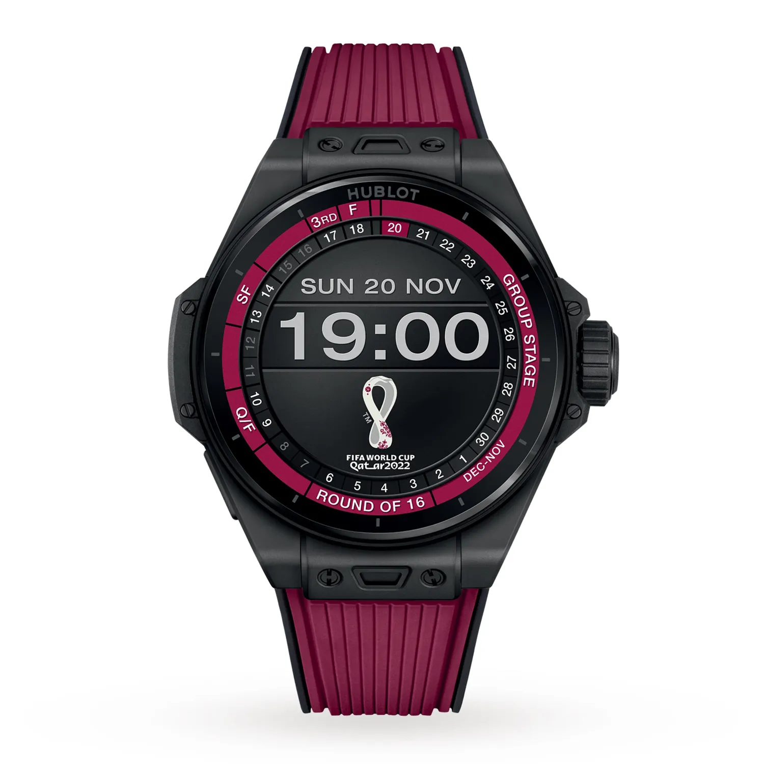 Montre BIG BANG E FIFA WORLD CUP QATAR 2022 Bracelets caoutchouc noir et noir doublé bourgogne, Boucle déployante, Cadran numérique Hublot