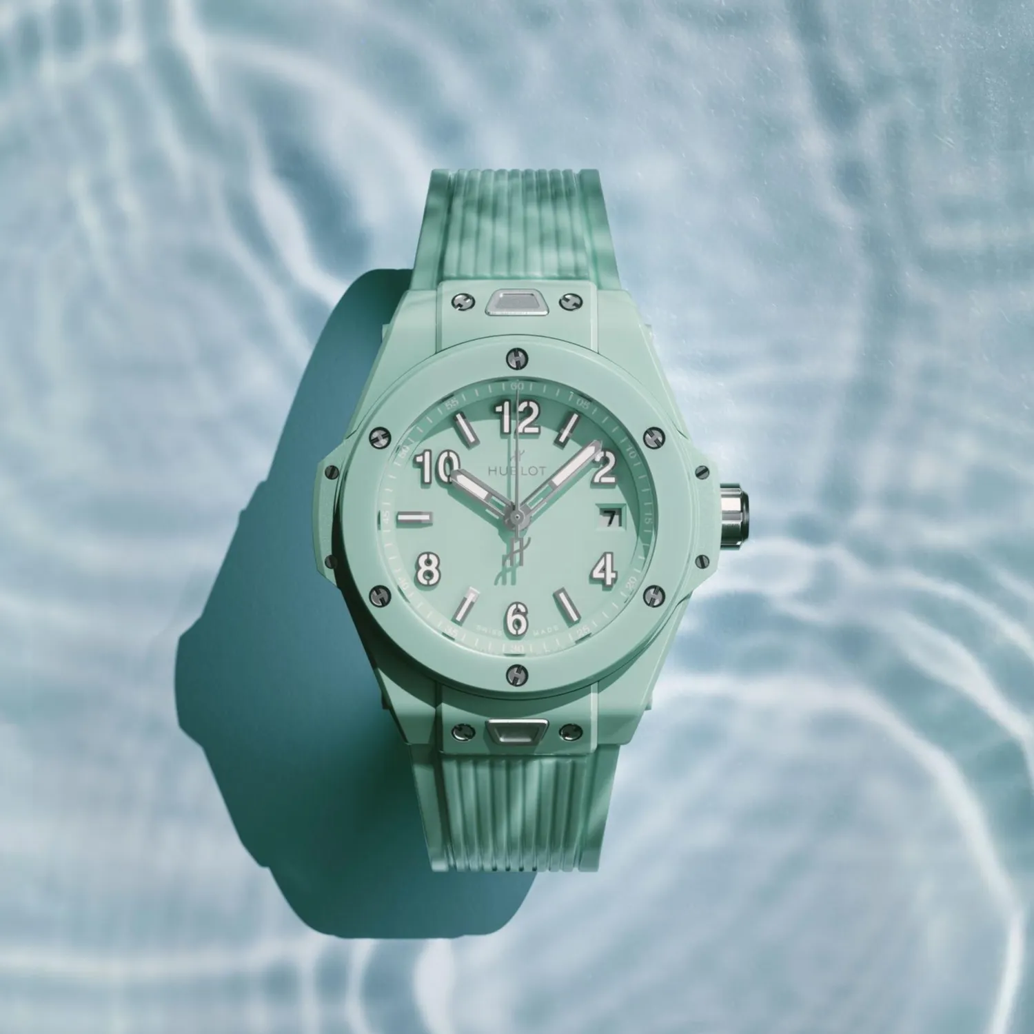 Montre BIG BANG MINT GREEN CERAMIC, Bracelet caoutchouc structuré et ligné vert menthe, Boucle déployante acier, Cadran vert menthe brillant