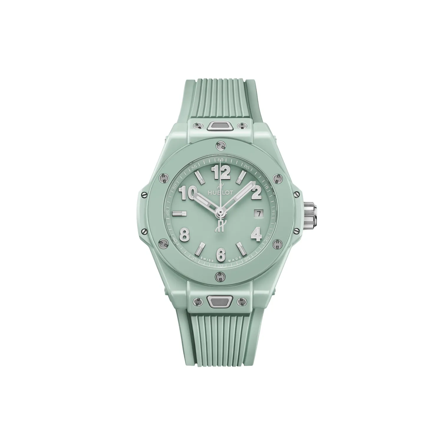 Montre BIG BANG MINT GREEN CERAMIC, Bracelet caoutchouc structuré et ligné vert menthe, Boucle déployante acier, Cadran vert menthe brillant