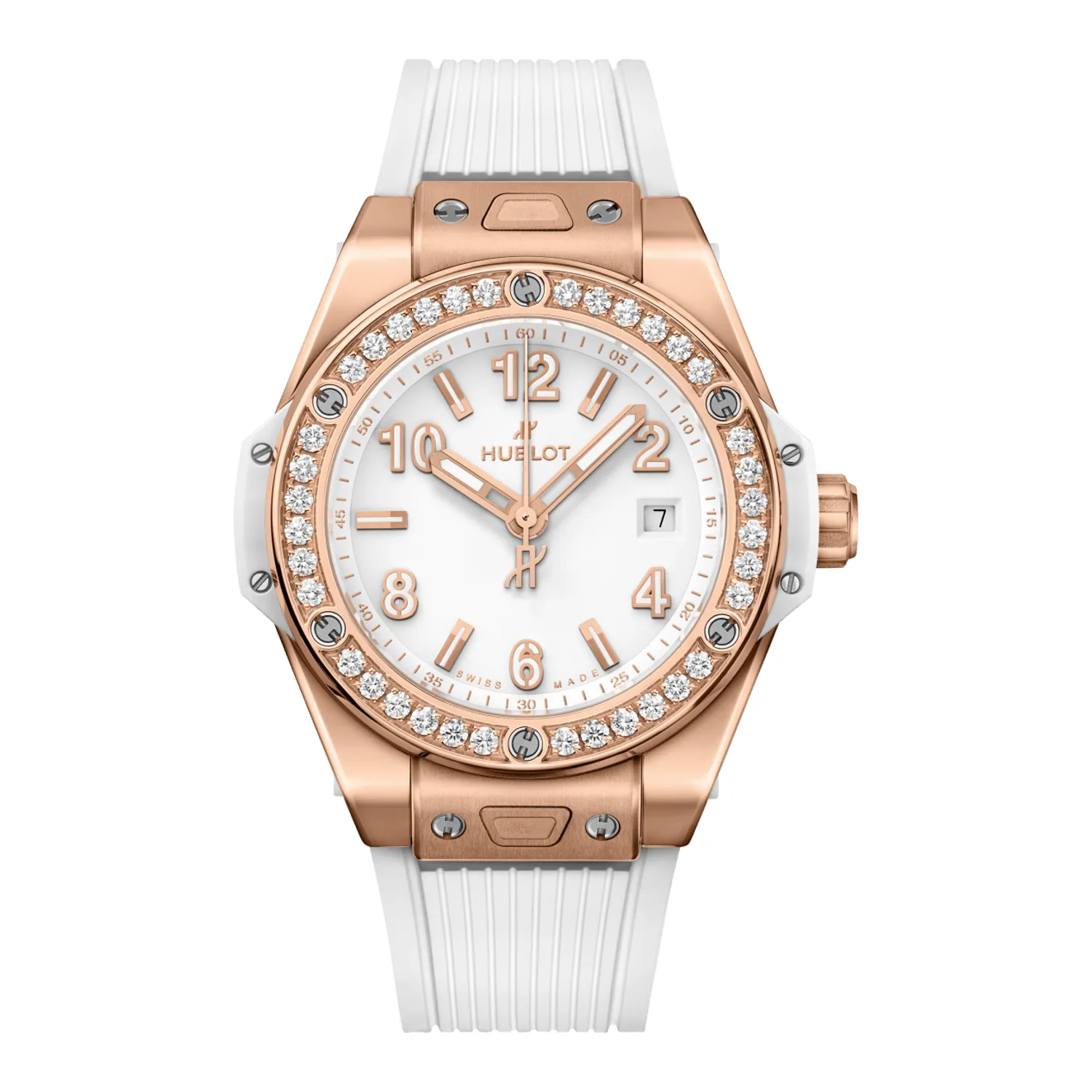 Montre BIG BANG ONE CLICK KING GOLD DIAMONDS Bracelet caotuchouc structuré et ligné blanc, Boucle déployante King Gold rose, Cadran blanc mat