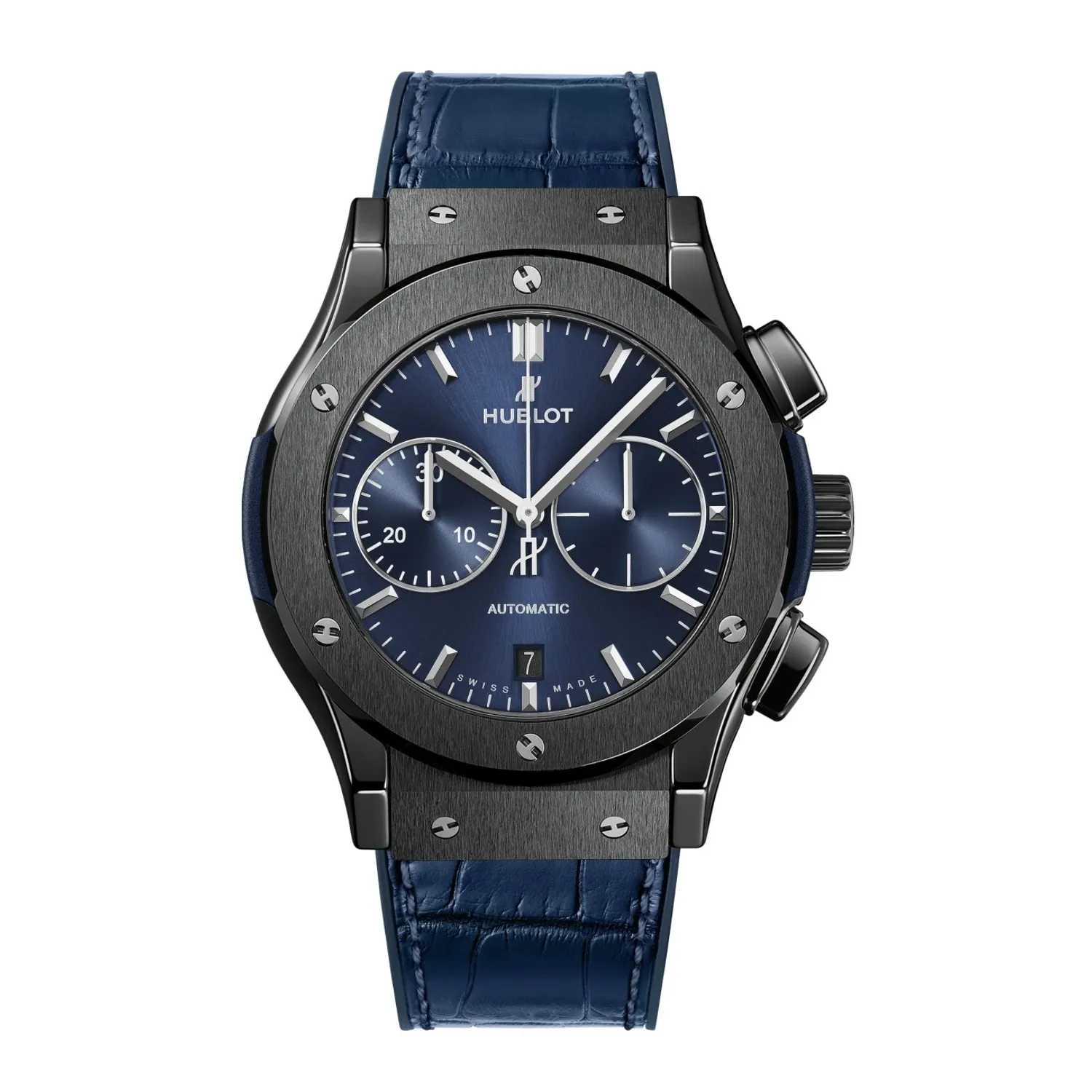 Montre CLASSIC FUSION CERAMIC BLUE CHRONOGRAPH Bracelet caoutchouc et alligator bleu, Boucle déployante acier plaqué noir, Cadran soleillé bleu satiné