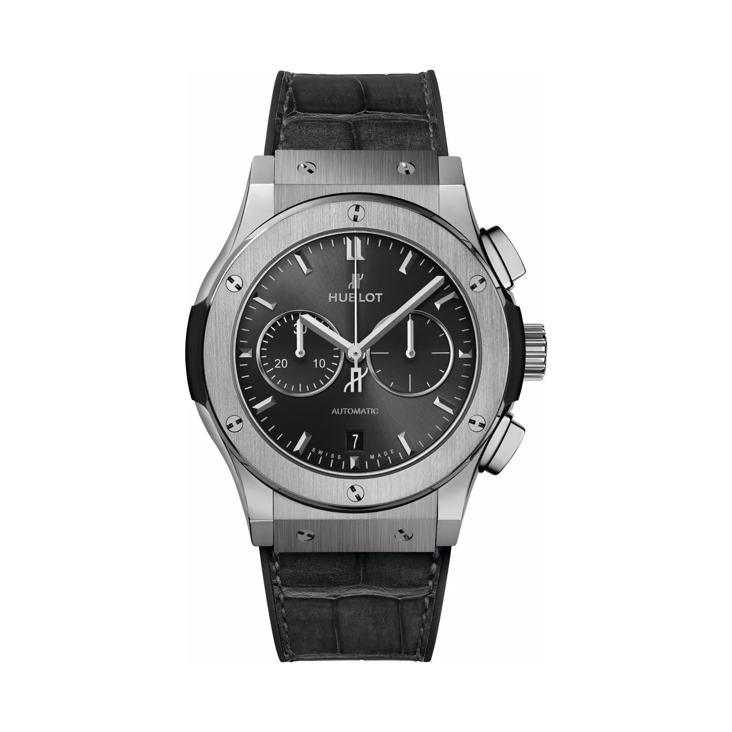 Montre CLASSIC FUSION RACING GREY CHRONOGRAPH TITANE Bracelet caoutchouc et alligator noir, boucle déployante acier, Cadran soleillé gris satiné