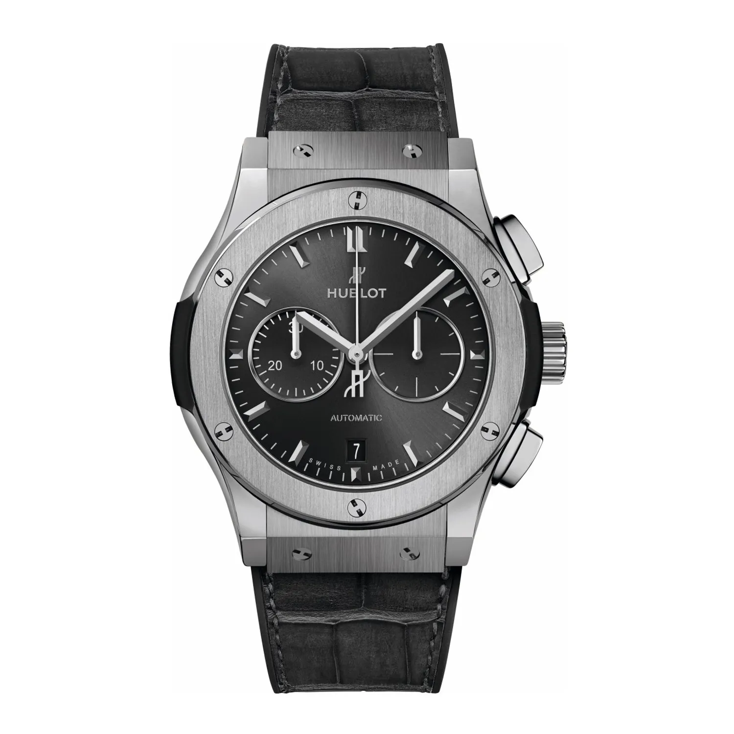 Montre CLASSIC FUSION RACING GREY CHRONOGRAPH TITANE Bracelet caoutchouc et alligator noir, boucle déployante acier, Cadran soleillé gris satiné