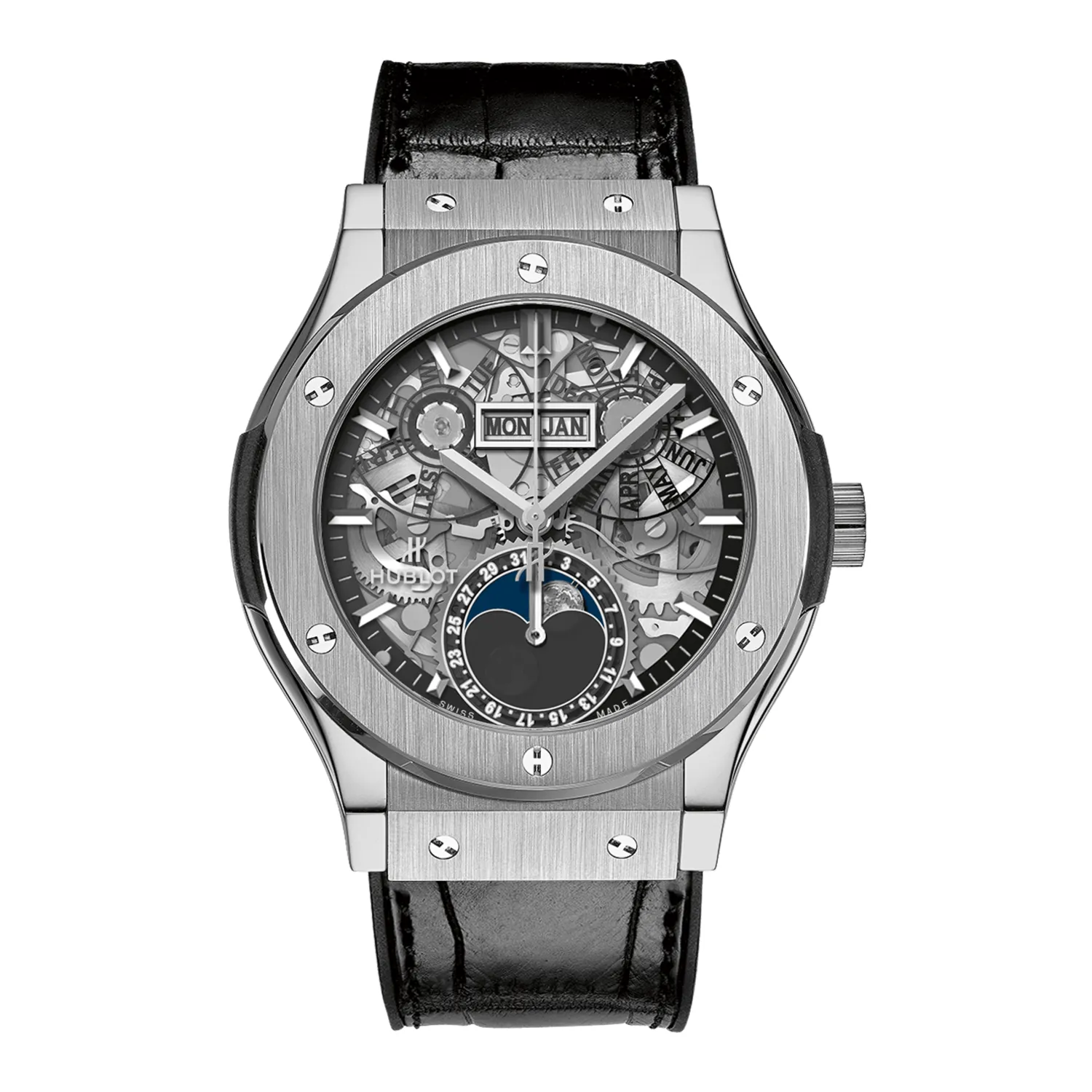 Montre CF AEROFUSION MOONPHASE TITANIUM Bracelet caoutchouc et alligator noir, Boucle déployante acier, Cadran en saphir