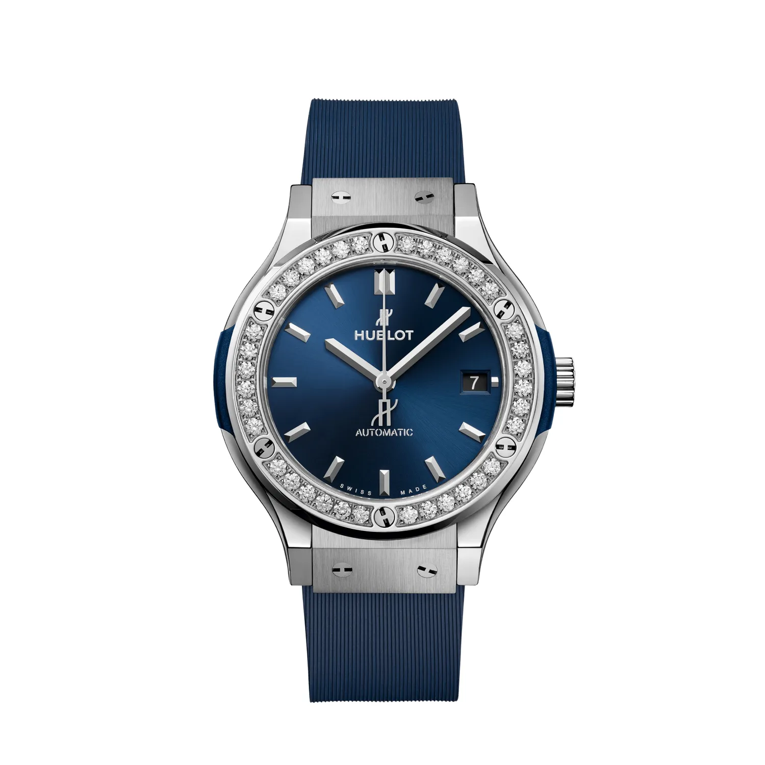 Montre CLASSIC FUSION TITANIUM BLUE DIAMONDS Bracelet caoutchouc ligné bleu, Boucle déployante en acier, Cadran soleillé bleu satiné