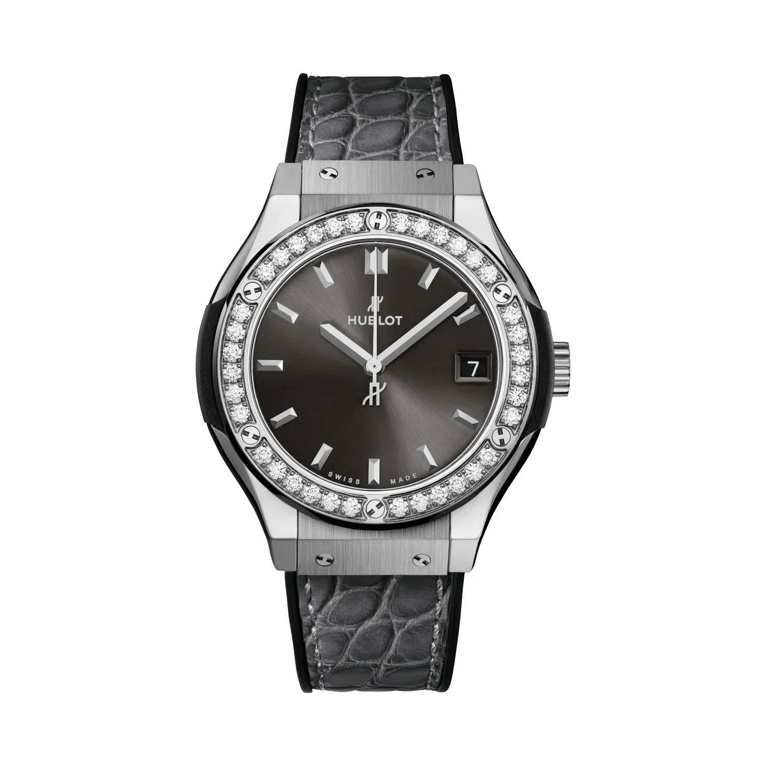 Montre CLASSIC FUSION TITANIUM DIAMONDS RACING GREY Bracelet caoutchouc noir et alligator gris, Boucle déployante acier, Cadran soleillé gris satiné, Mouvement quartz