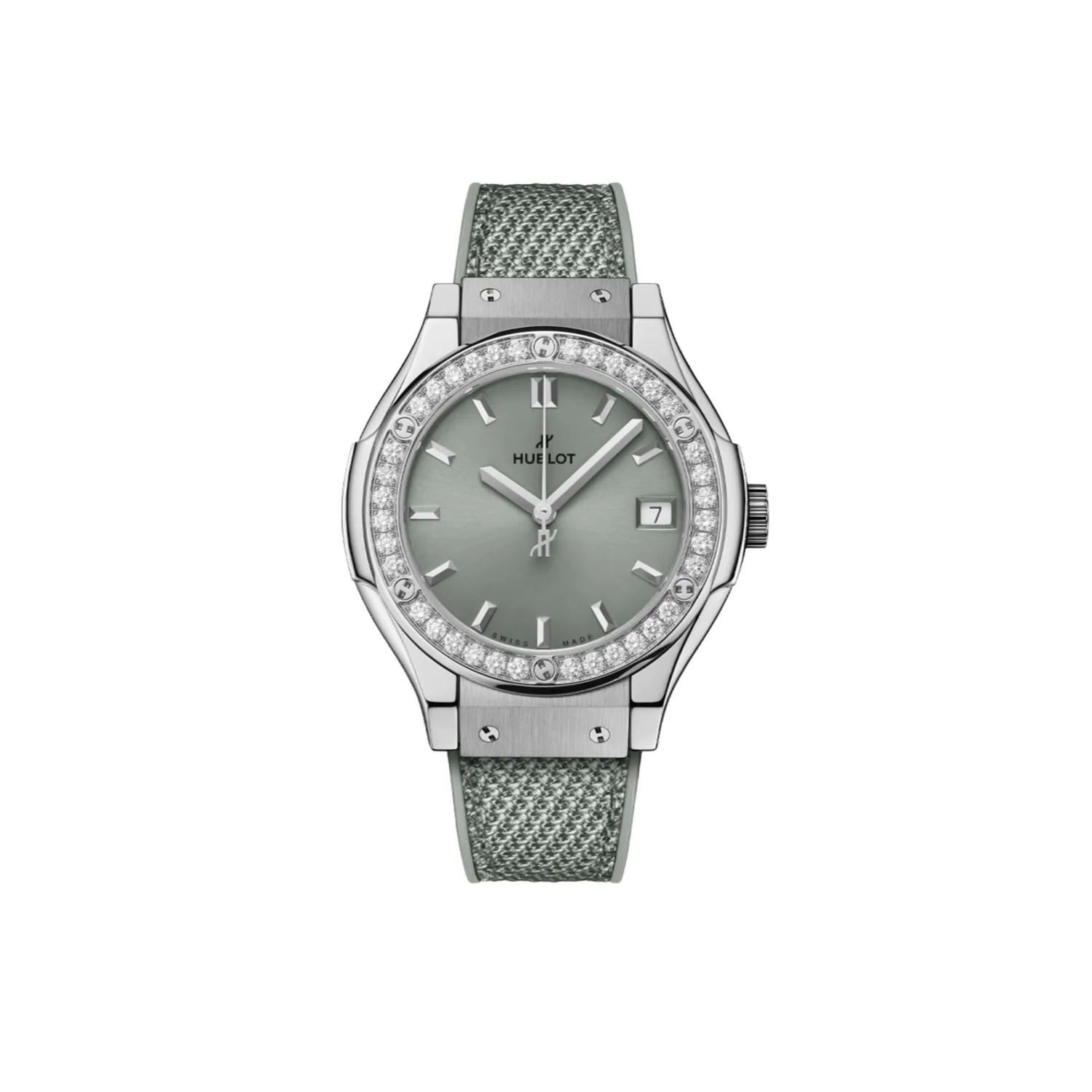 Montre CLASSIC FUSION TITANIUM SAGE GREEN DIAMONDS, Bracelet caoutchouc et tissu vert sauge, Boucle déployante acier, Cadran soleillé vert sauge satiné