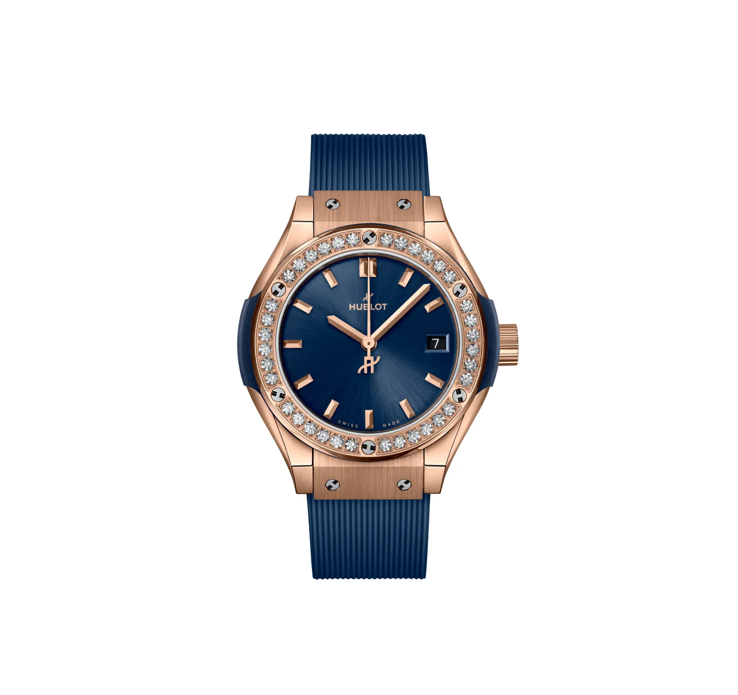 Montre CLASSIC FUSION KING GOLD BLUE DIAMONDS Bracelet caoutchouc ligné, Boucle déployante en King Gold, Cadran soleillé bleu satiné