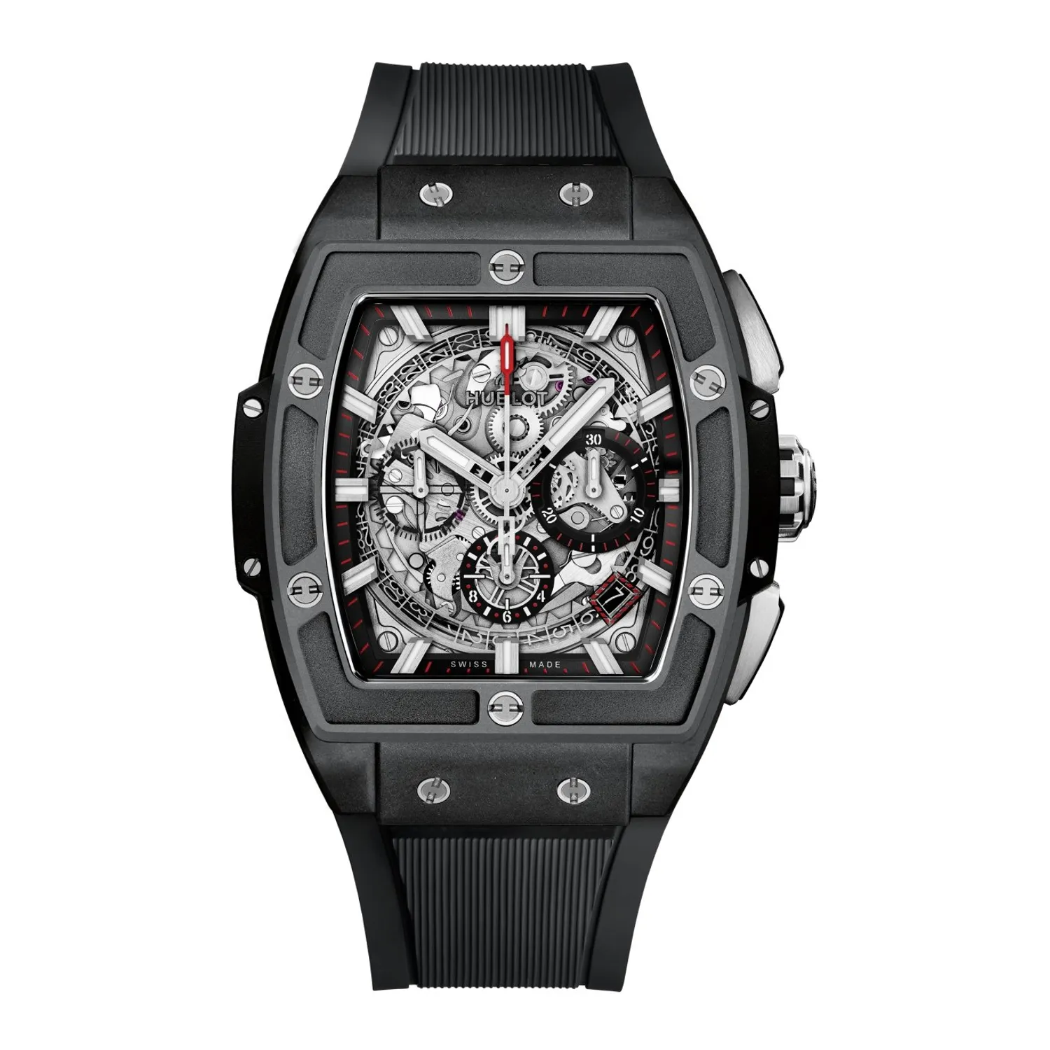Montre SPIRIT OF BIG BANG BLACK MAGIC Bracelet en caoutchouc structuré et ligné noir, Boucle déployante titane plaqué noir, Cadran en saphir