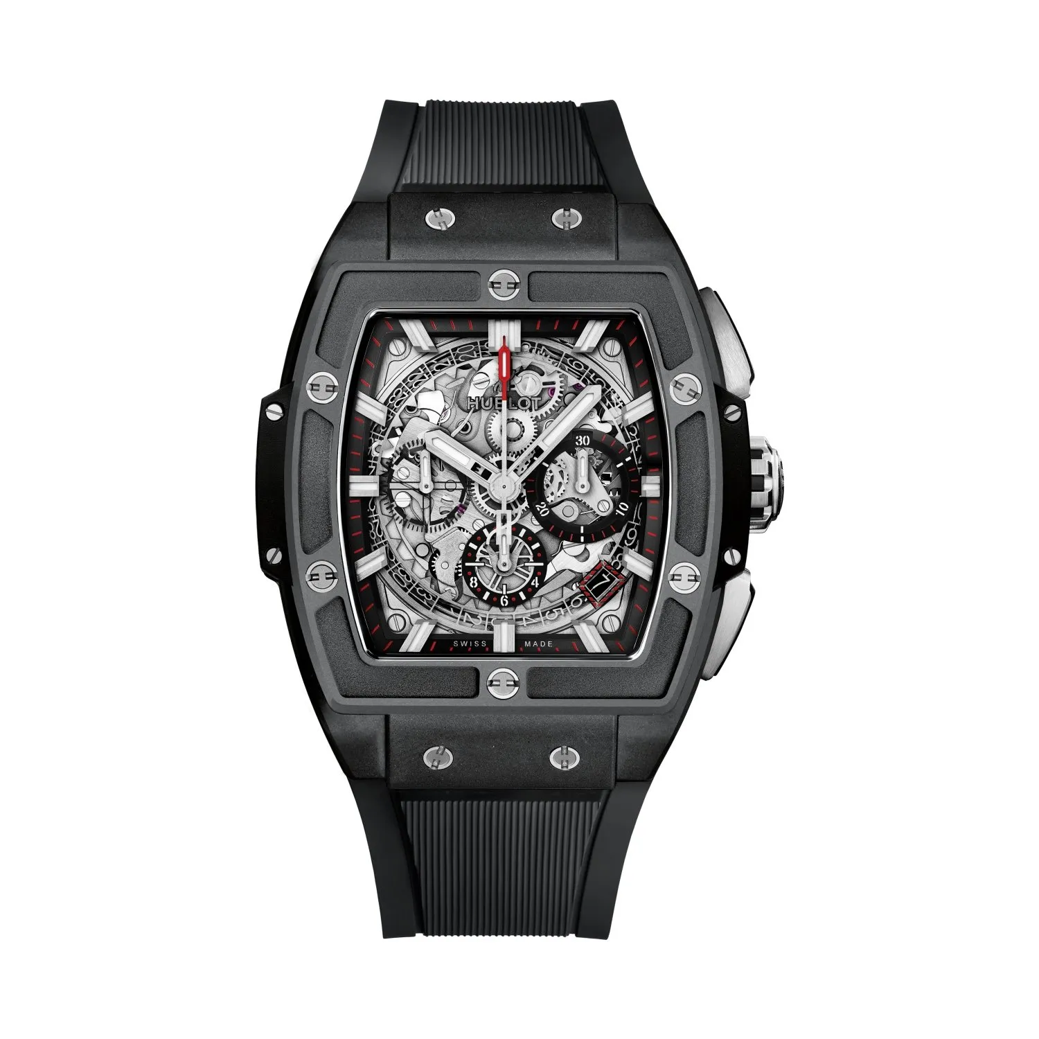 Montre SPIRIT OF BIG BANG BLACK MAGIC Bracelet en caoutchouc structuré et ligné noir, Boucle déployante titane plaqué noir, Cadran en saphir