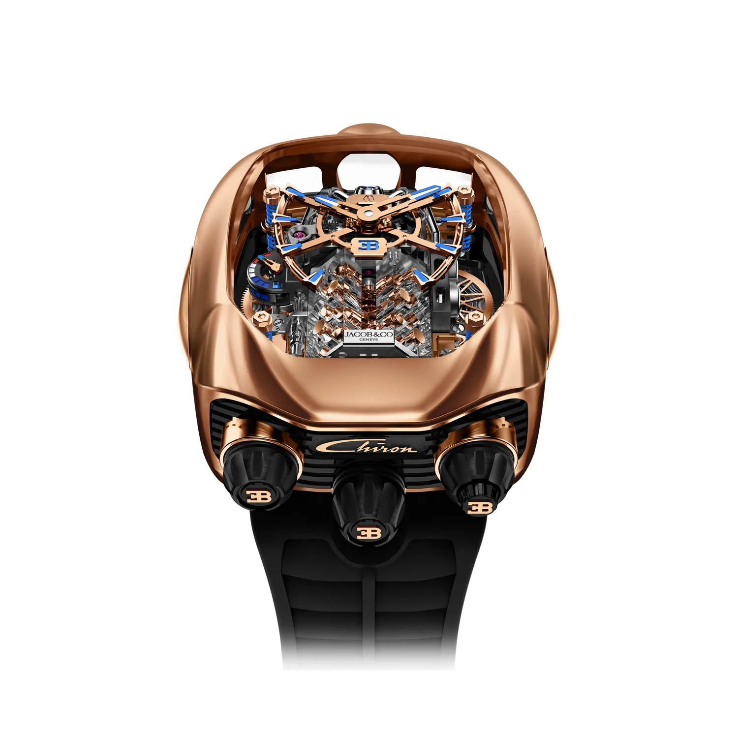 Montre BUGATTI CHIRON V2 n°27/72, Bracelet caoutchouc noir, Boucle déployante or rose, Cadran or rose dans boitier saphir transparent