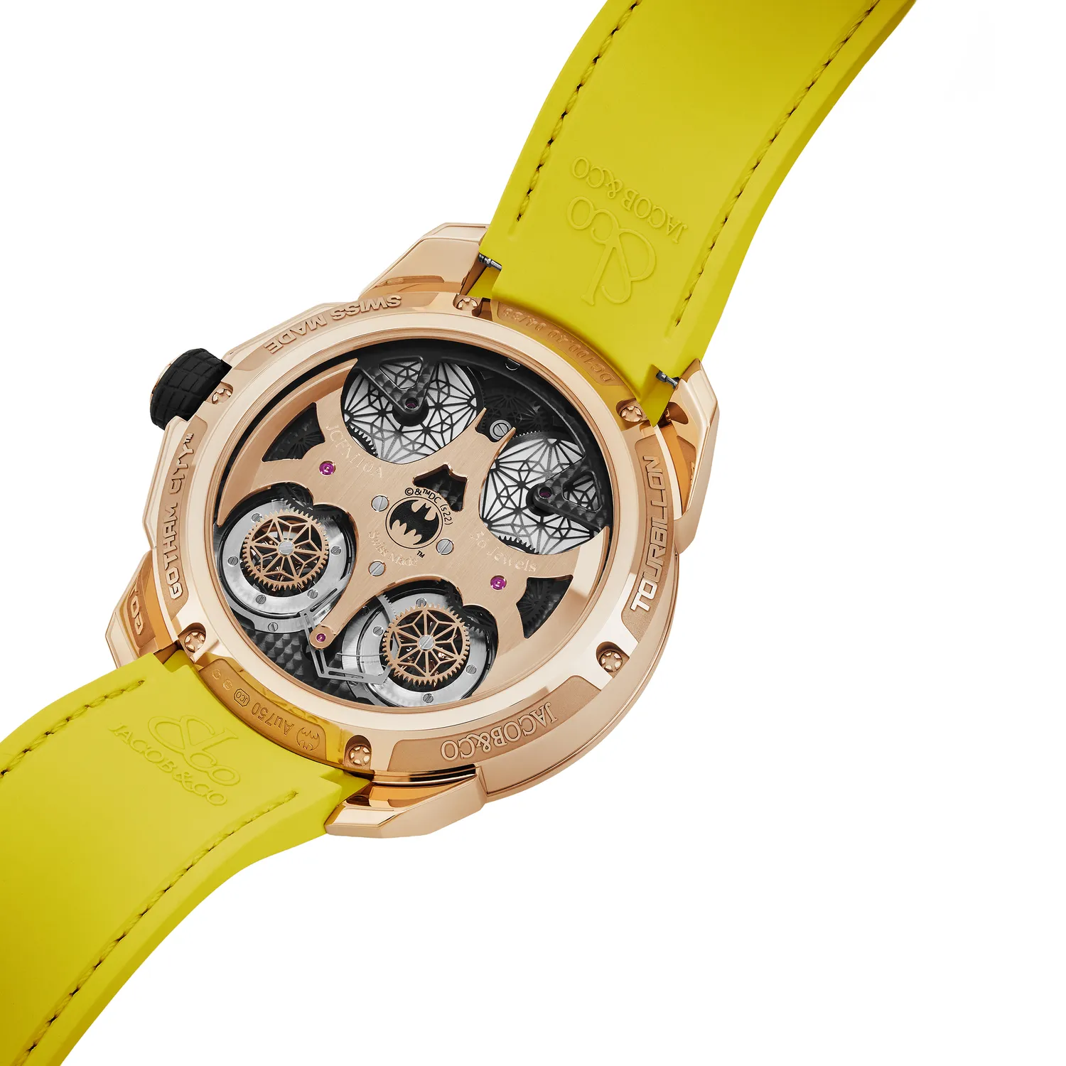 Montre GOTHAM CITY Double Tourbillon n°12/36, Bracelets caoutchouc motif cordura, Boucle déployante or rose, Cadran Batman noir