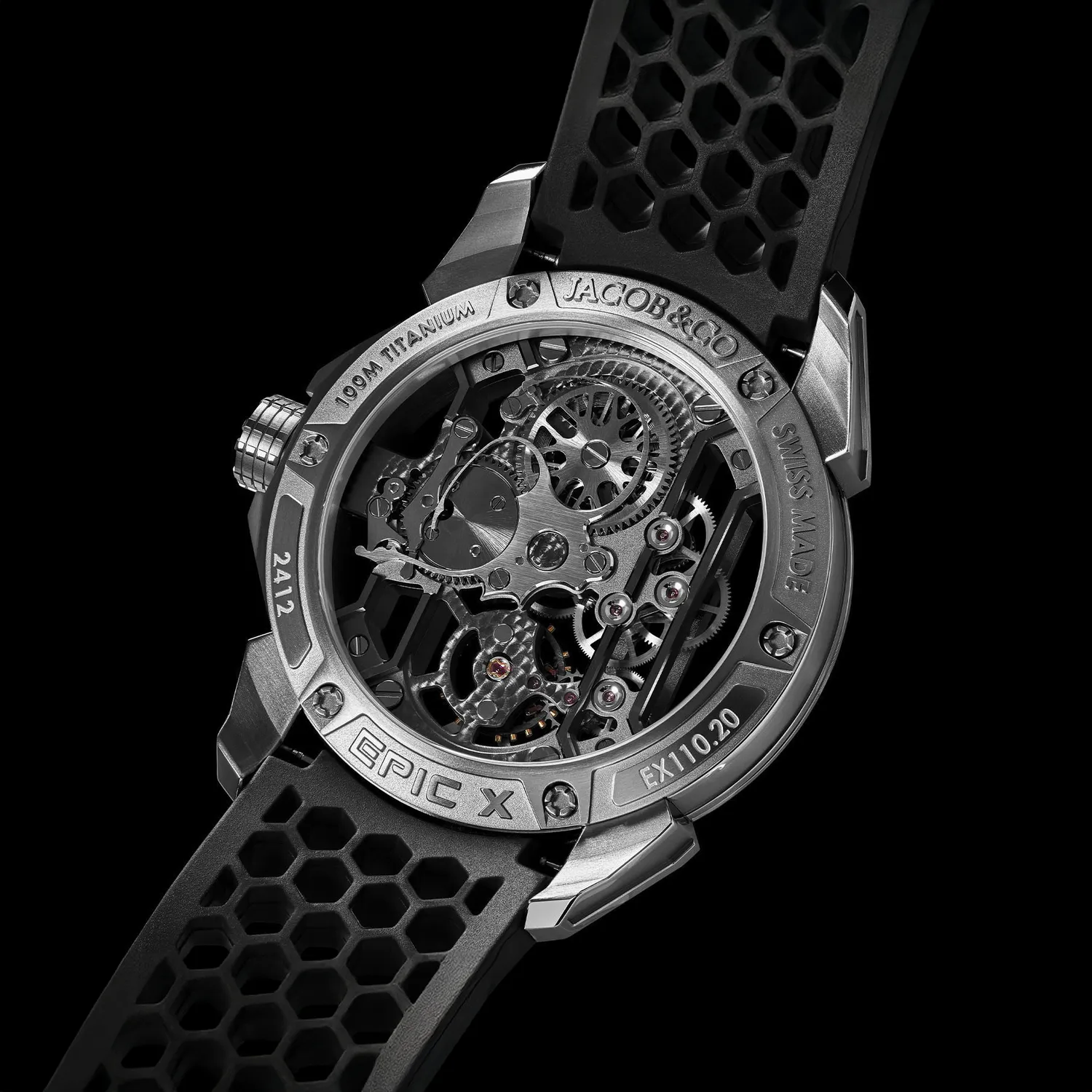 Montre EPIC X TITANIUM RED, Bracelet caoutchouc rouge, Boucle en titane, Cadran squelettepvd noir, Cadran squelette