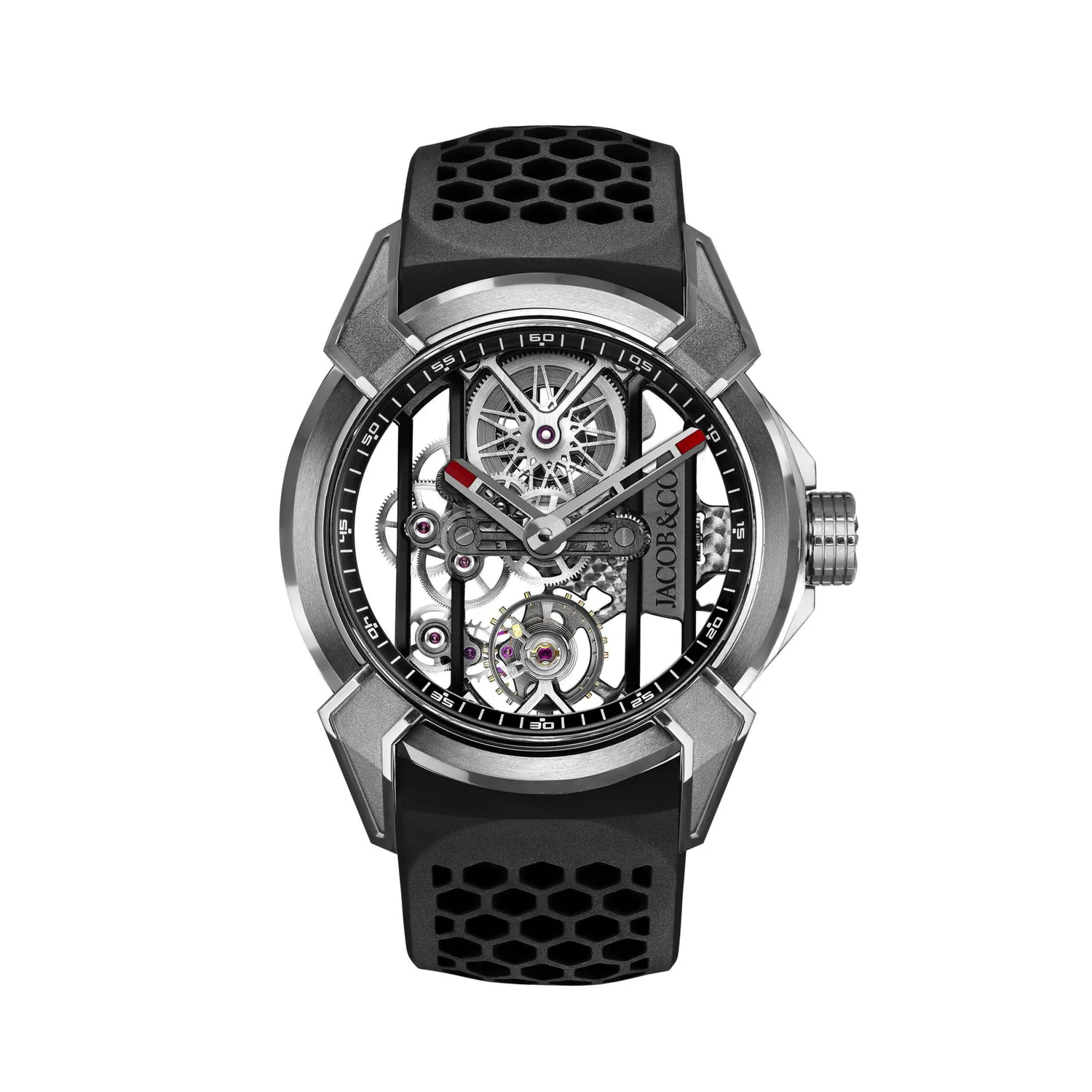Montre EPIC X TITANIUM RED, Bracelet caoutchouc rouge, Boucle en titane, Cadran squelettepvd noir, Cadran squelette