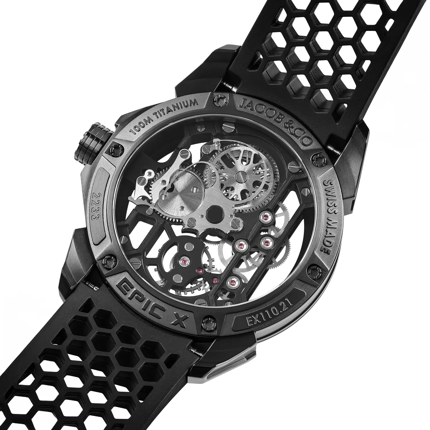 Montre EPIC X BLACK TITANIUM, Bracelet caoutchouc noir, Boucle pvd noir, Cadran squelette