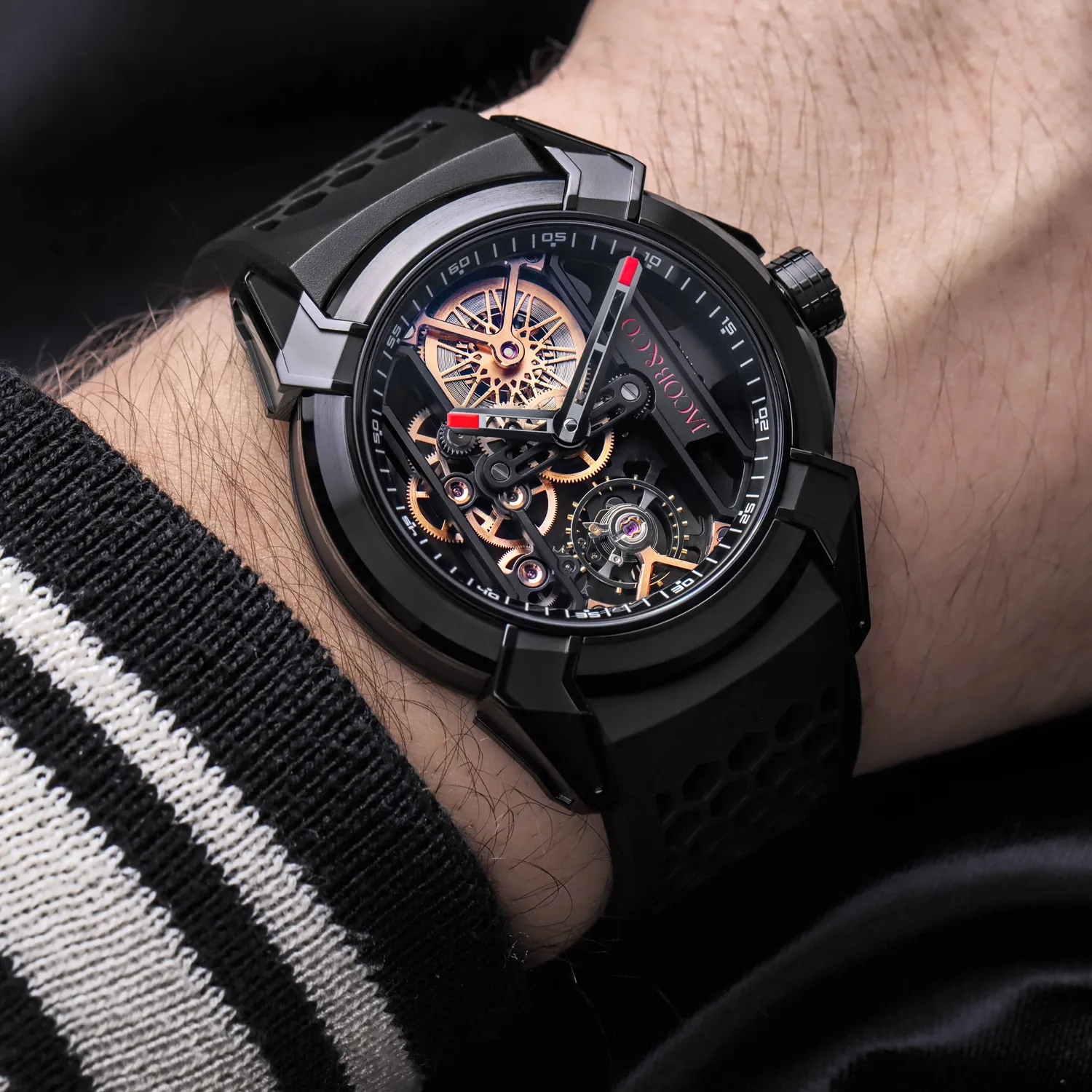 Montre EPIC X BLACK TITANIUM BLACK RING Bracelet caoutchouc noir, Boucle pvd noir, Cadran squelette