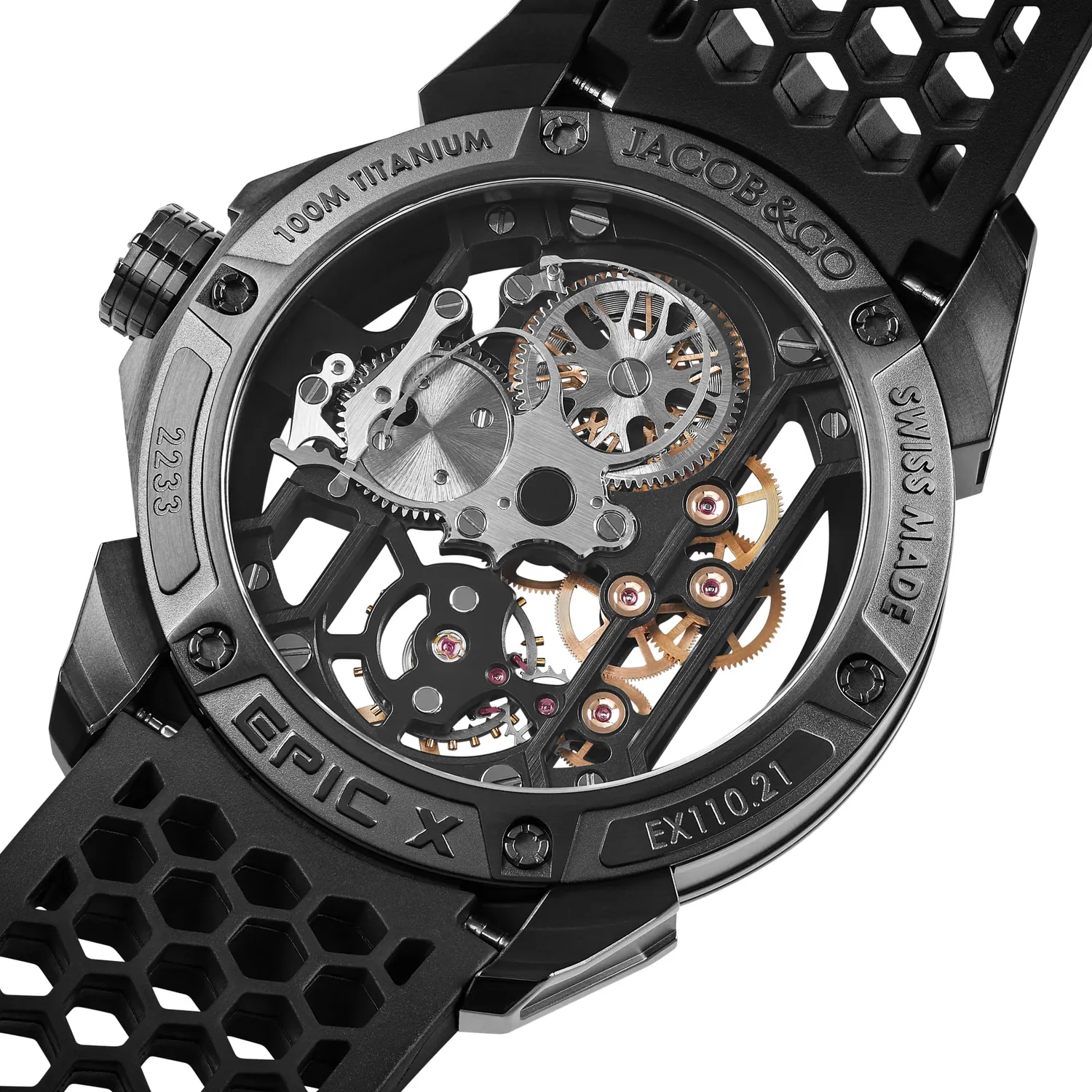 Montre EPIC X BLACK TITANIUM BLACK RING Bracelet caoutchouc noir, Boucle pvd noir, Cadran squelette