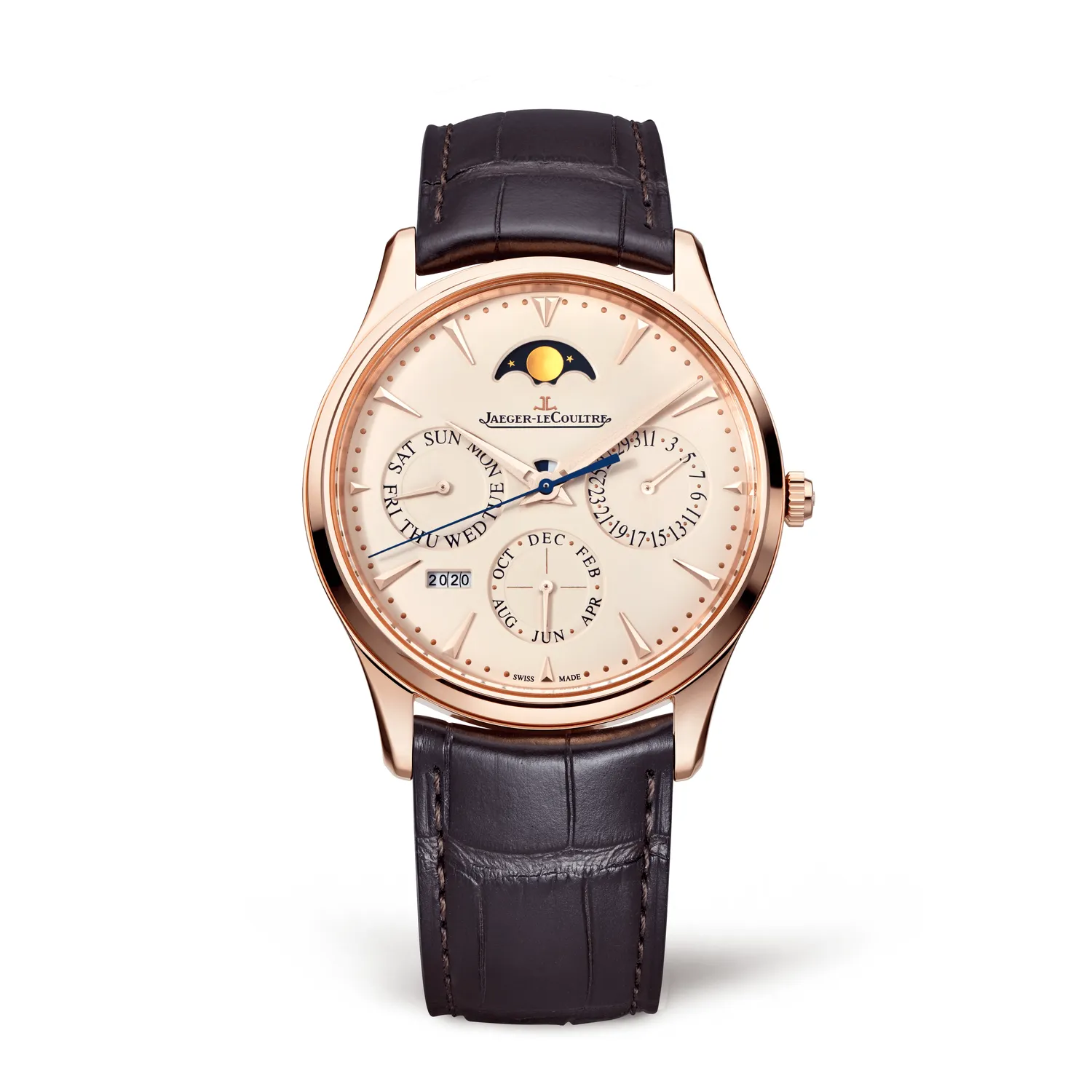 Montre MASTER ULTRA THIN Perpetual Bracelet alligator brun, Boucle ardillon or rose, Cadran beige coquille d' oeuf