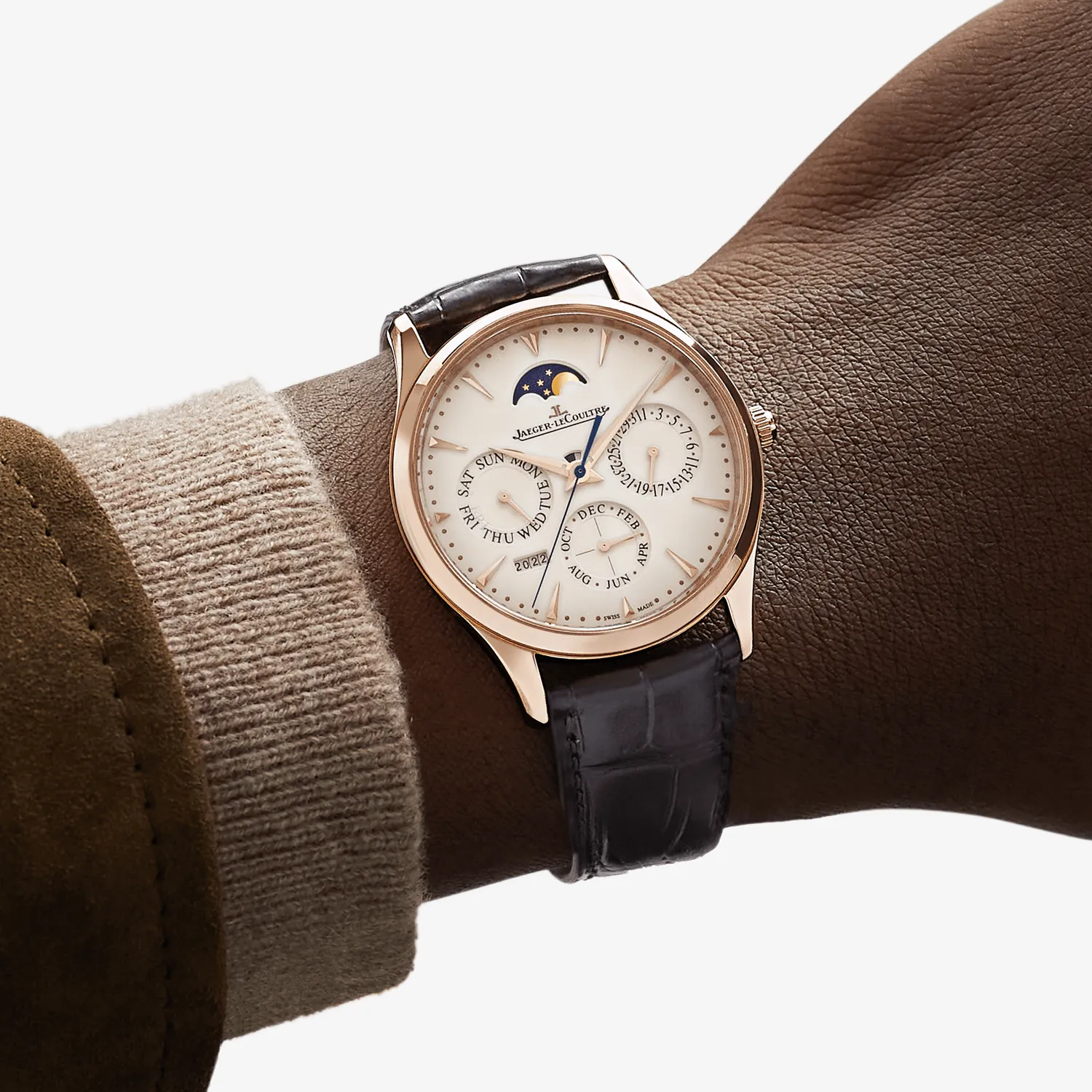 Montre MASTER ULTRA THIN Perpetual Bracelet alligator brun, Boucle ardillon or rose, Cadran beige coquille d' oeuf