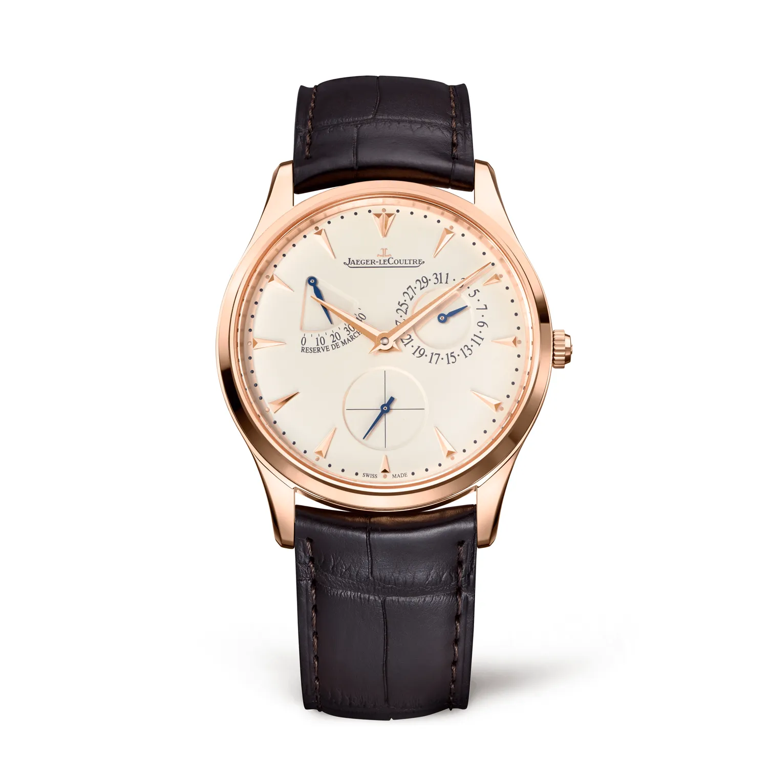 Montre MASTER ULTRA THIN 39 RESERVE DE MARCHE Bracelet crocodile chocolat, Boucle ardillon or rose, Cadran coquille d'oeuf
