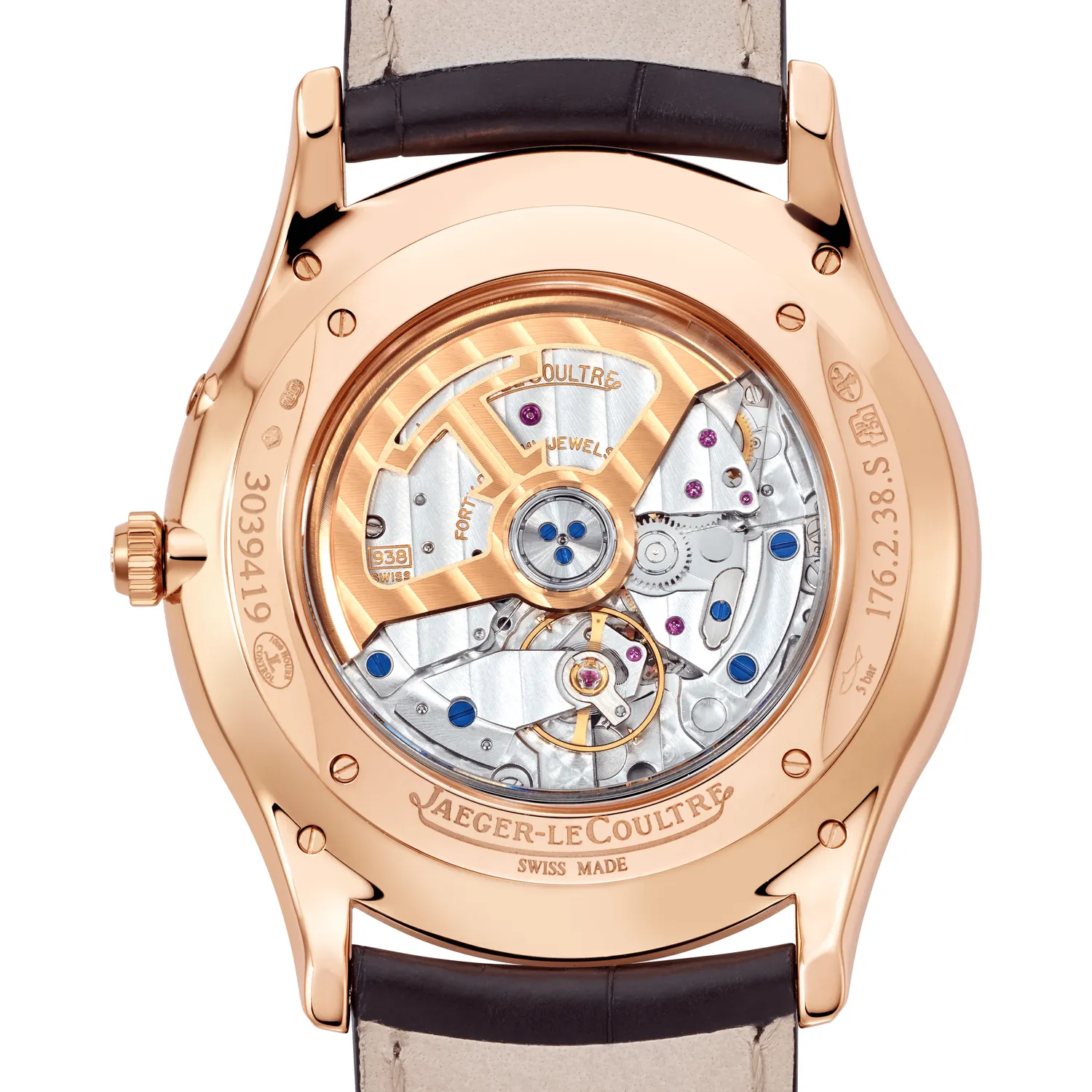 Montre MASTER ULTRA THIN 39 RESERVE DE MARCHE Bracelet crocodile chocolat, Boucle ardillon or rose, Cadran coquille d'oeuf