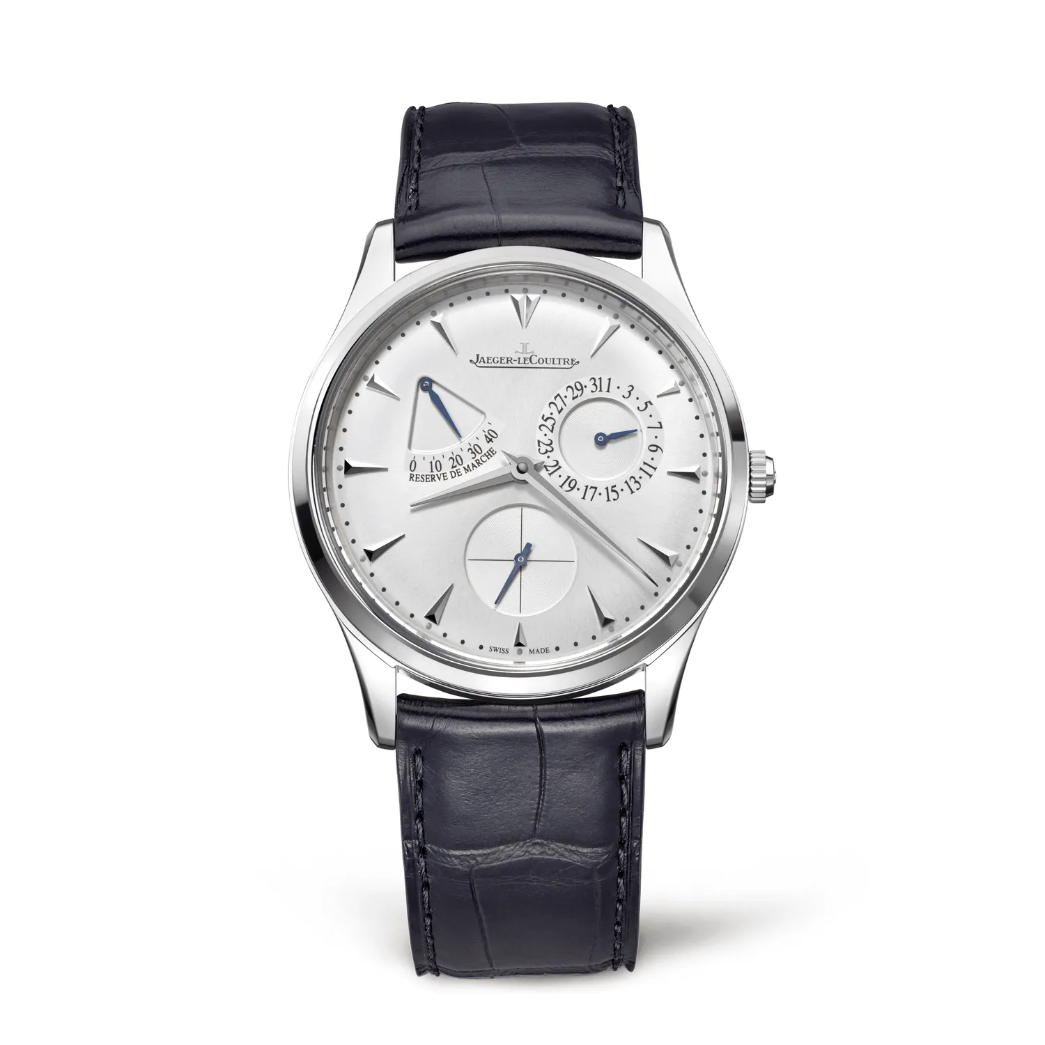 Montre MASTER ULTRA THIN Réserve de Marche Bracelet crocodile noir, Boucle déployante, Cadran argenté