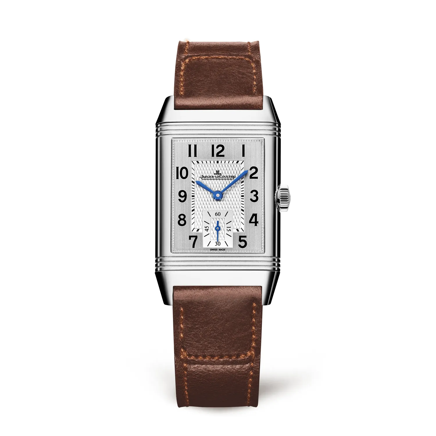 Montre REVERSO CLASSIC Medium Small Second Bracelet veau brun Fagliano, Boucle ardillon, Cadran argenté guilloché et brossé vertical