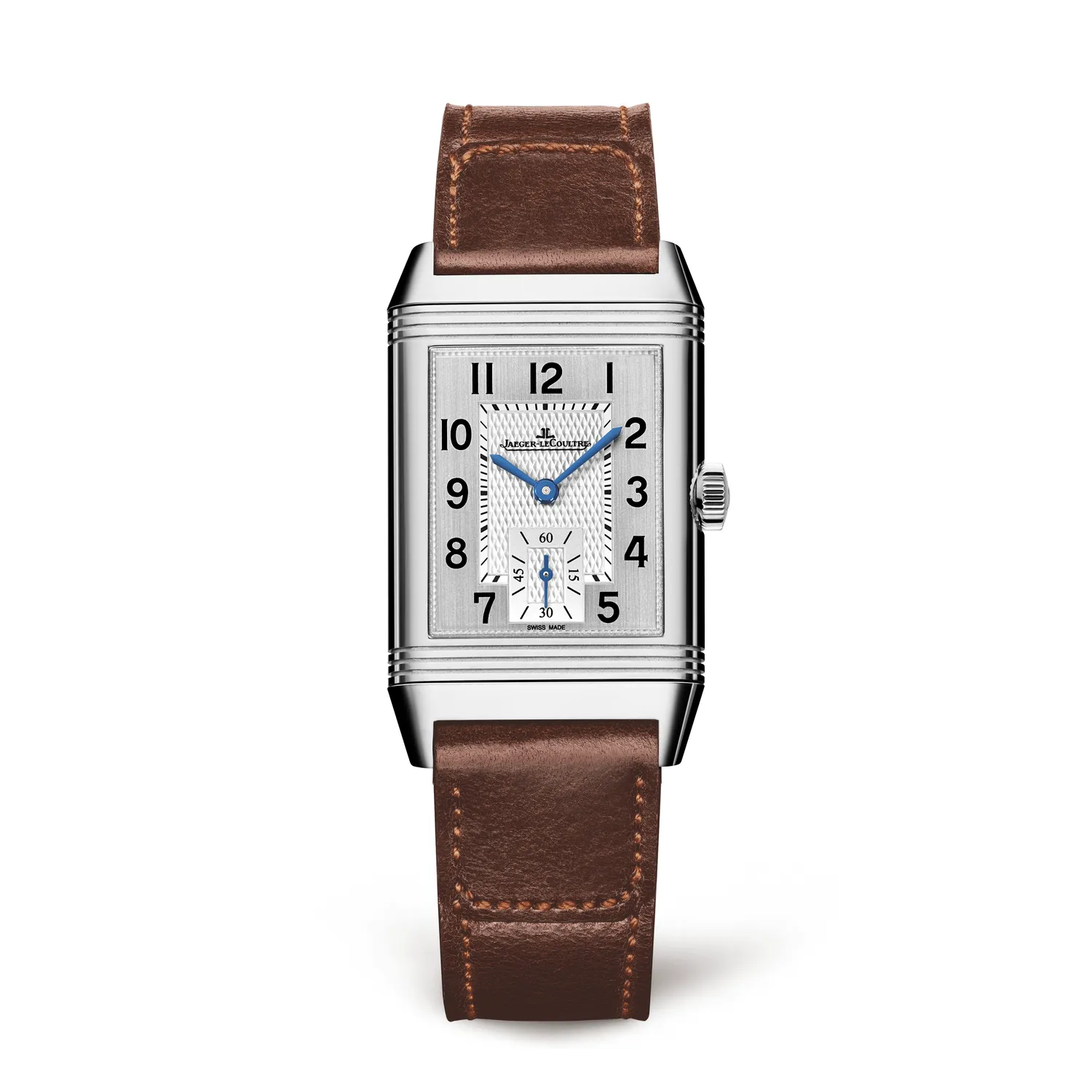 Montre REVERSO CLASSIC Medium Duoface Small Second Bracelet cuir brun Fagliano, Boucle déployante, Cadrans argenté guilloché brossé vertical et noir satiné et Clous de Paris