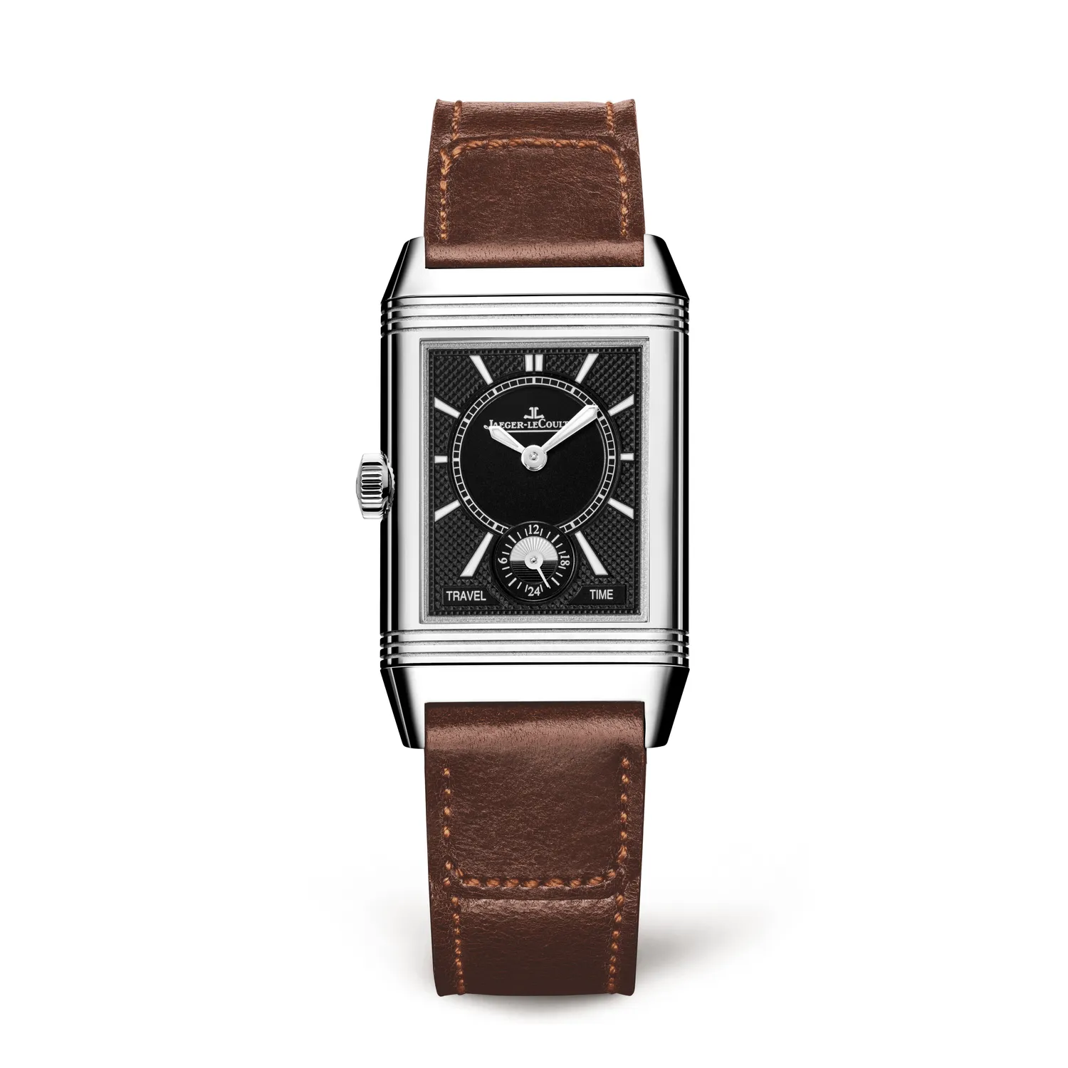 Montre REVERSO CLASSIC Medium Duoface Small Second Bracelet cuir brun Fagliano, Boucle déployante, Cadrans argenté guilloché brossé vertical et noir satiné et Clous de Paris