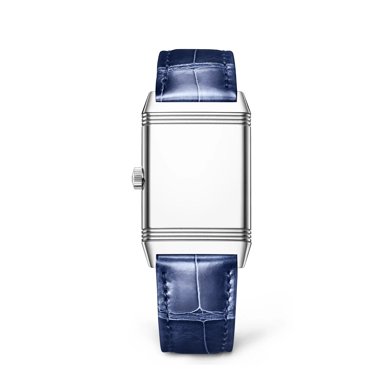 Montre REVERSO CLASSIC Medium Thin Quartz Bracelet alligator bleu, Boucle ardillon, Cadran argenté