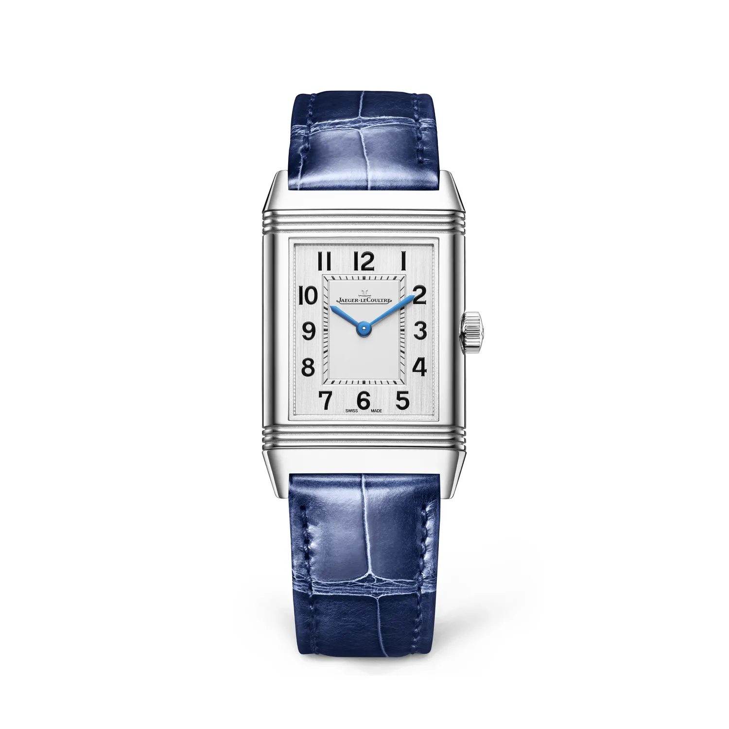 Montre REVERSO CLASSIC Medium Thin Quartz Bracelet alligator bleu, Boucle ardillon, Cadran argenté