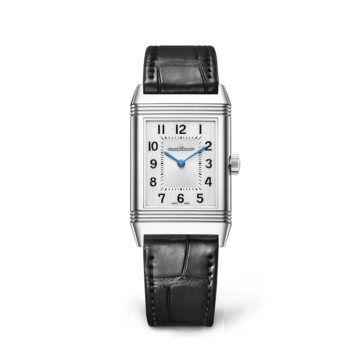 Montre REVERSO CLASSIC Medium Thin Bracelet alligator noir, Boucle déployante, Cadran argenté satiné vertical et guilloché