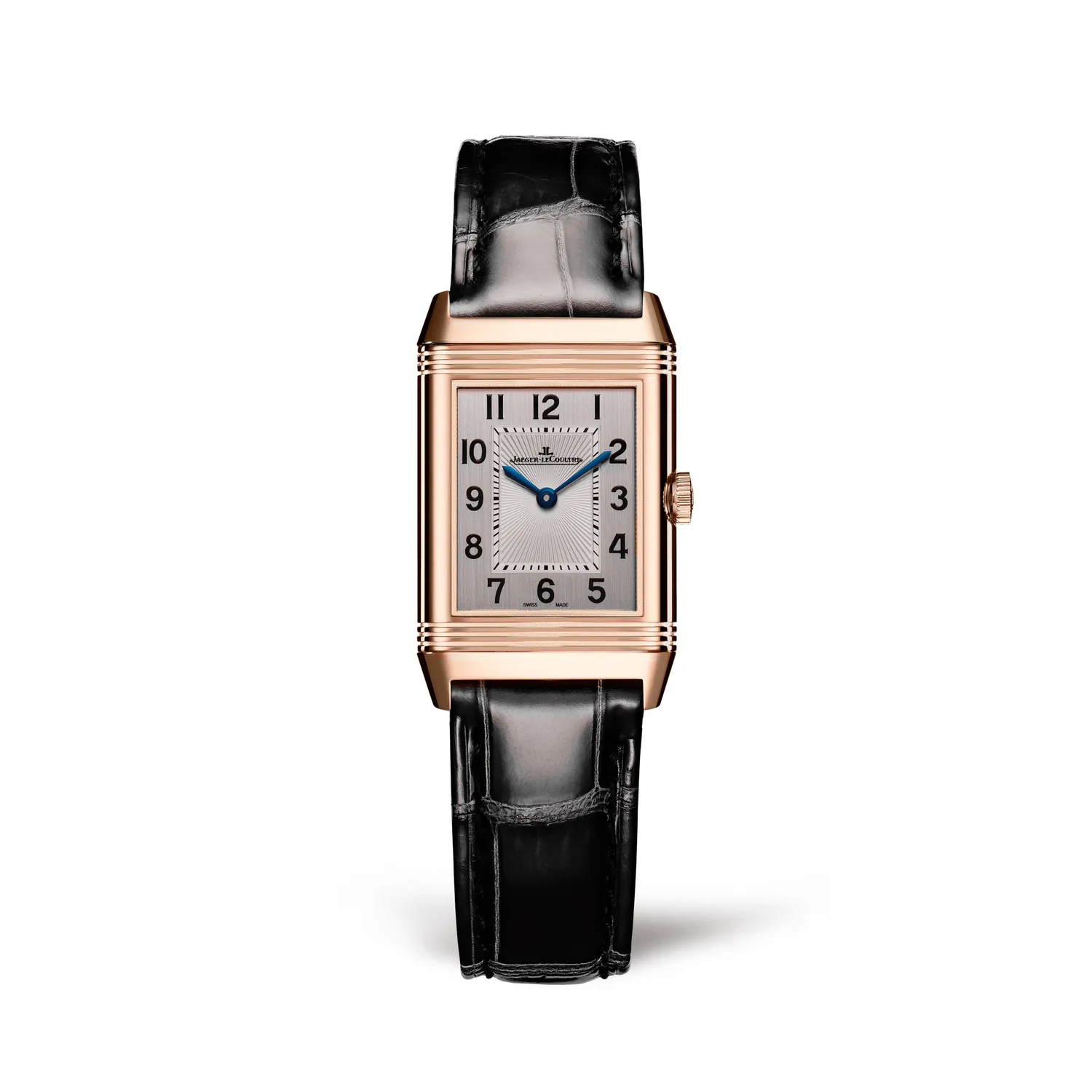 Montre REVERSO CLASSIC Small Duetto Bracelet alligator noir, Boucle déployante, Cadrans argenté guilloché et noir guilloché et soleillé