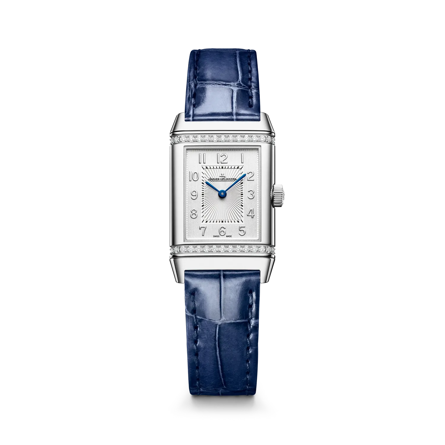 Montre REVERSO CLASSIC Small Duetto, Bracelet alligator bleu, Boucle déployante, Cadrans argenté guilloché, satiné vertical et bleu guilloché et soléillé