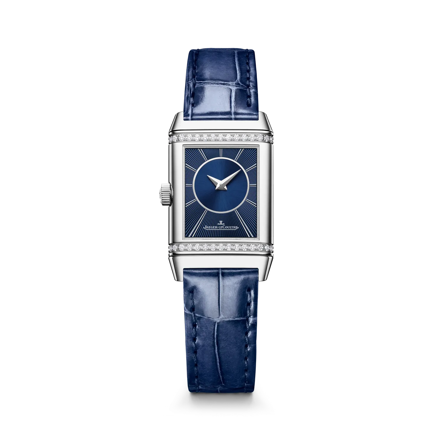 Montre REVERSO CLASSIC Small Duetto, Bracelet alligator bleu, Boucle déployante, Cadrans argenté guilloché, satiné vertical et bleu guilloché et soléillé