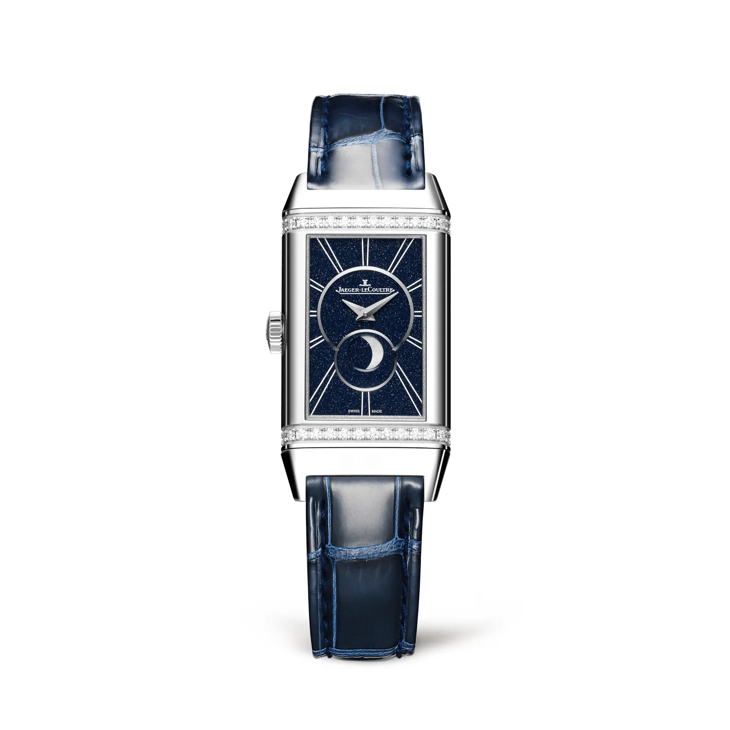 Montre REVERSO ONE Duetto Moon Bracelet crocodile bleu brillant, Boucle déployante, Cadrans argenté guilloché soleillé et bleu nuit pailleté