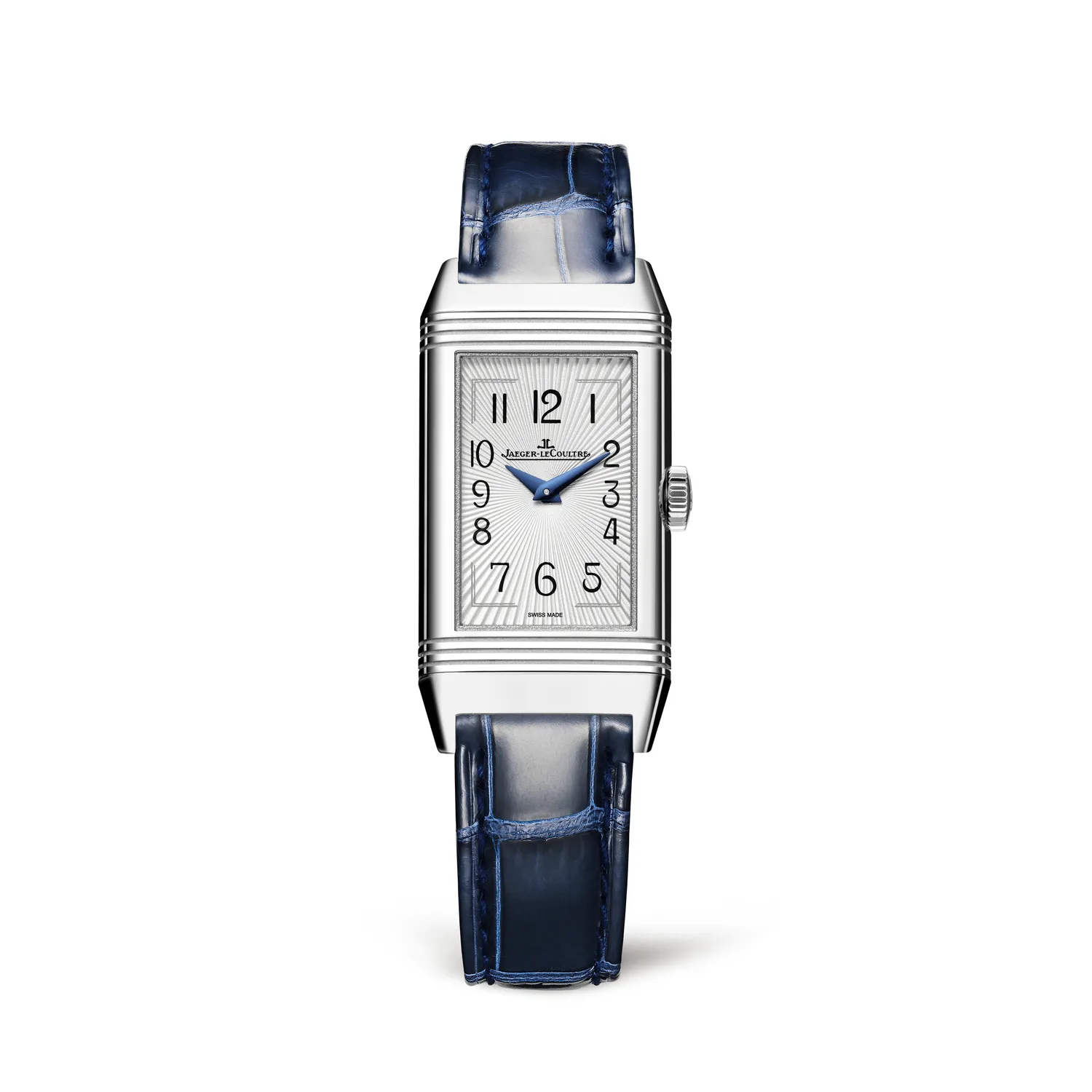 Montre REVERSO ONE Duetto Moon Bracelet crocodile bleu brillant, Boucle déployante, Cadrans argenté guilloché soleillé et bleu nuit pailleté