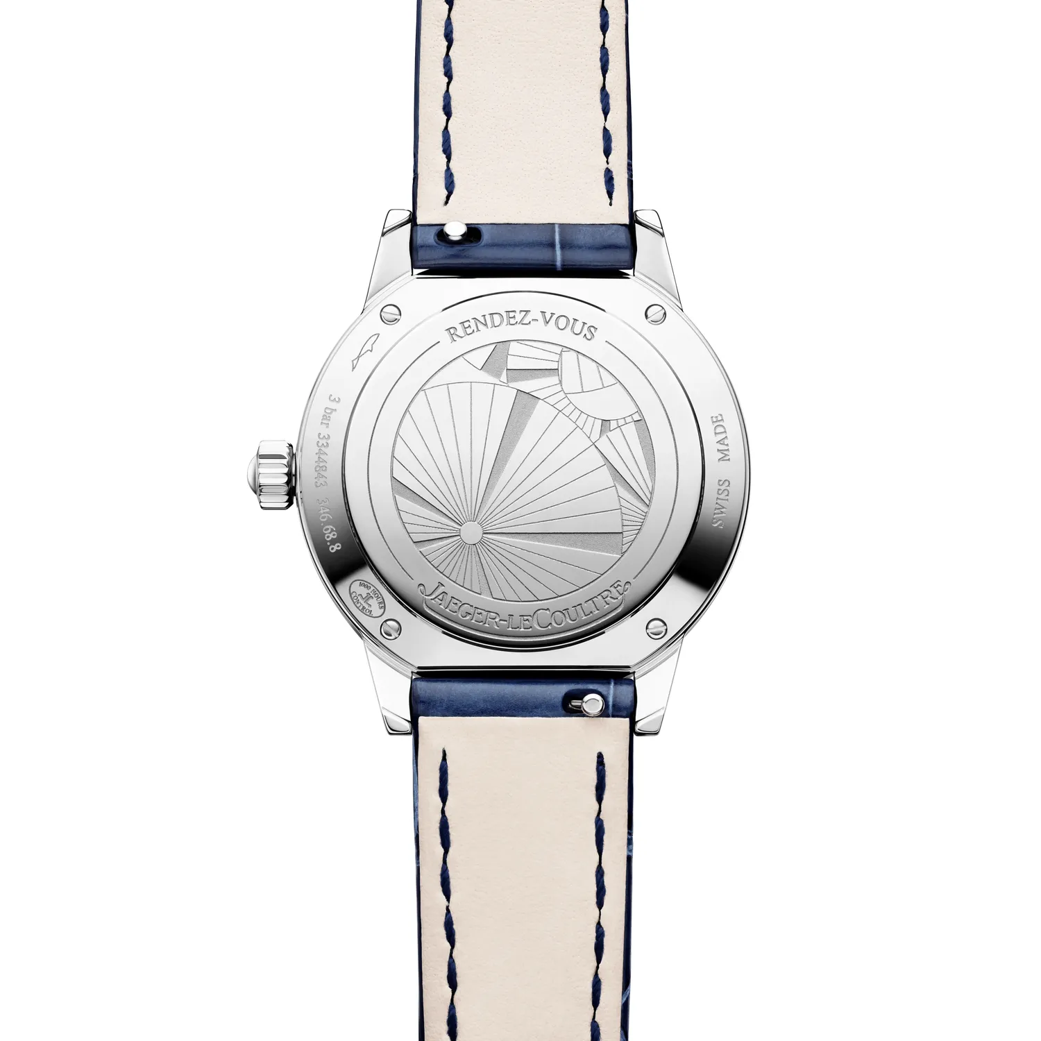 Montre RENDEZ-VOUS Date Small Quartz lunette sertie diamants, Bracelet alligator bleu, Boucle ardillon, Cadran argenté guilloché