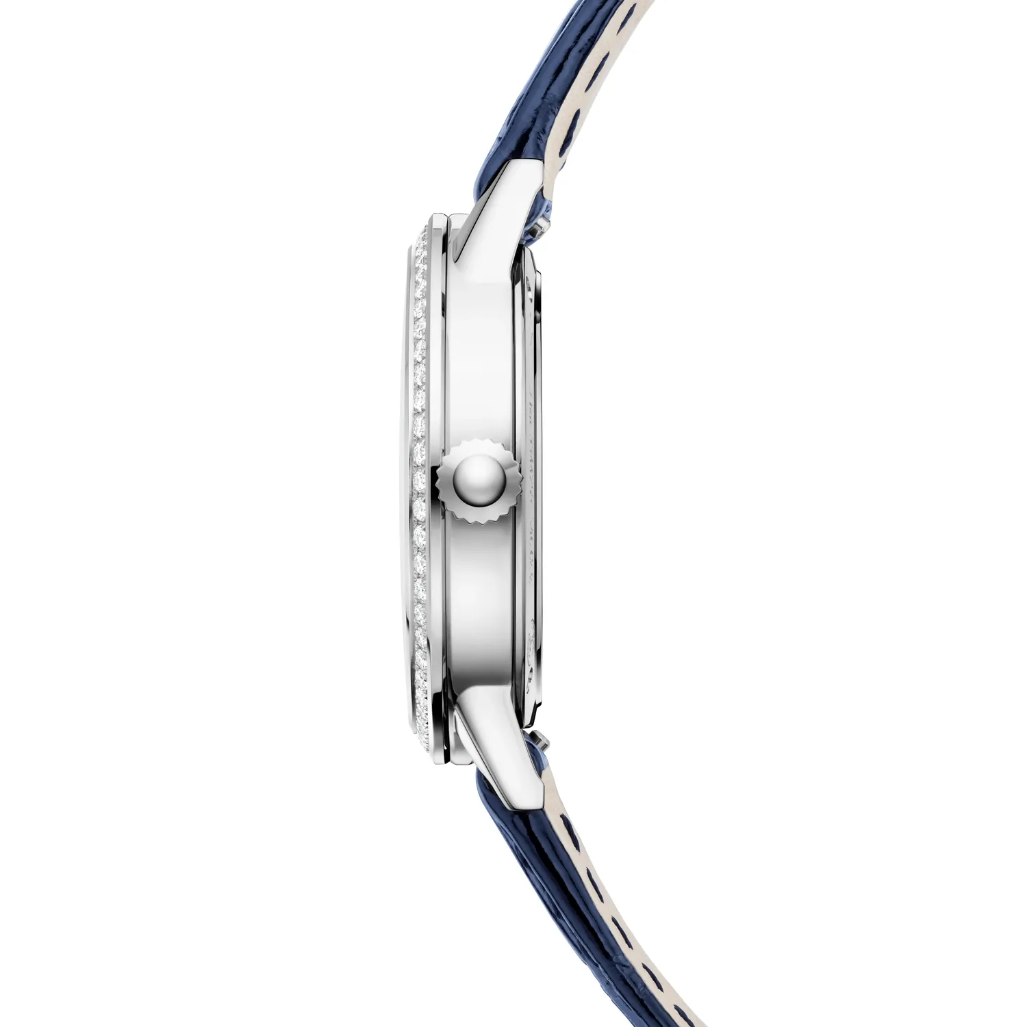 Montre RENDEZ-VOUS Date Small Quartz lunette sertie diamants, Bracelet alligator bleu, Boucle ardillon, Cadran argenté guilloché