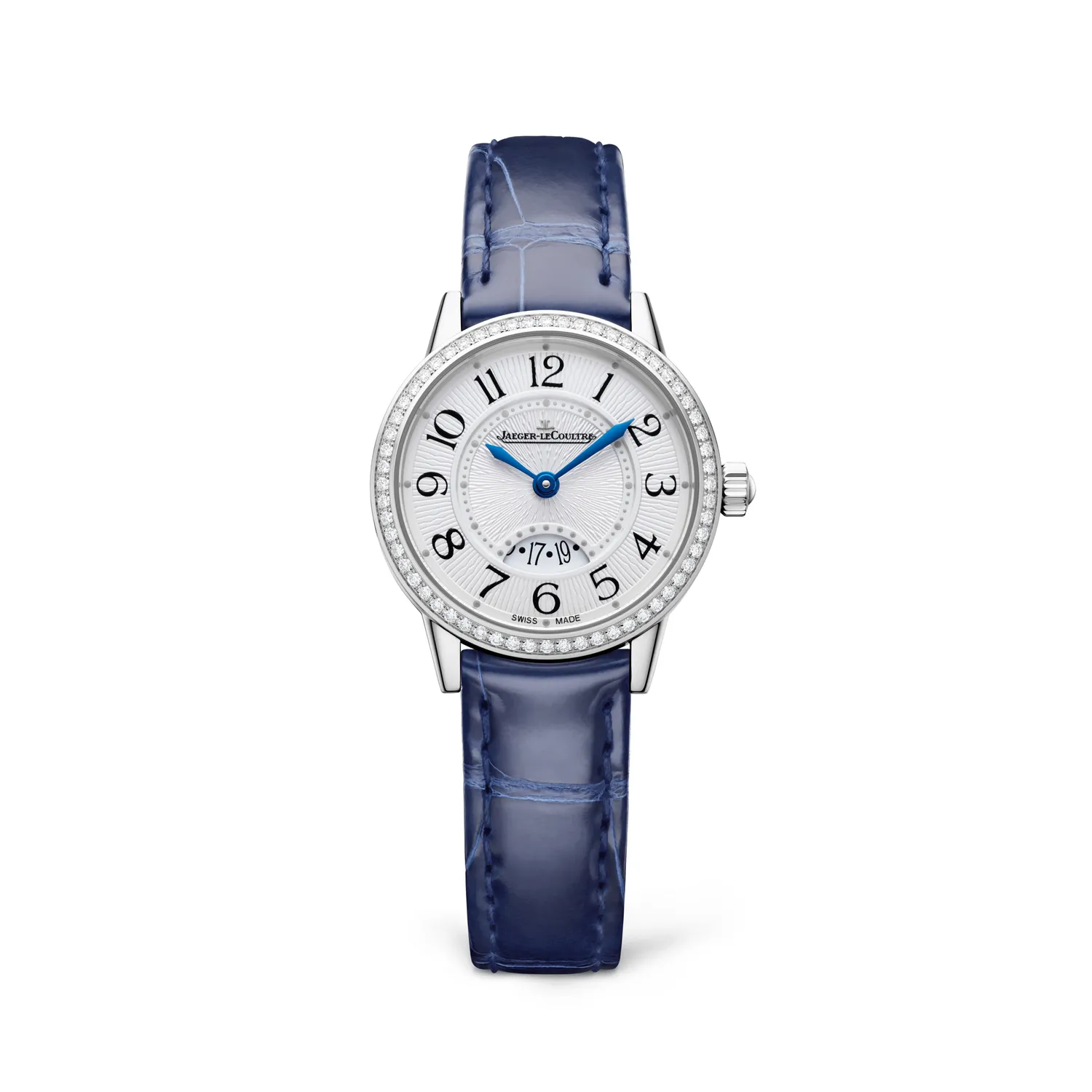 Montre RENDEZ-VOUS Date Small Quartz lunette sertie diamants, Bracelet alligator bleu, Boucle ardillon, Cadran argenté guilloché
