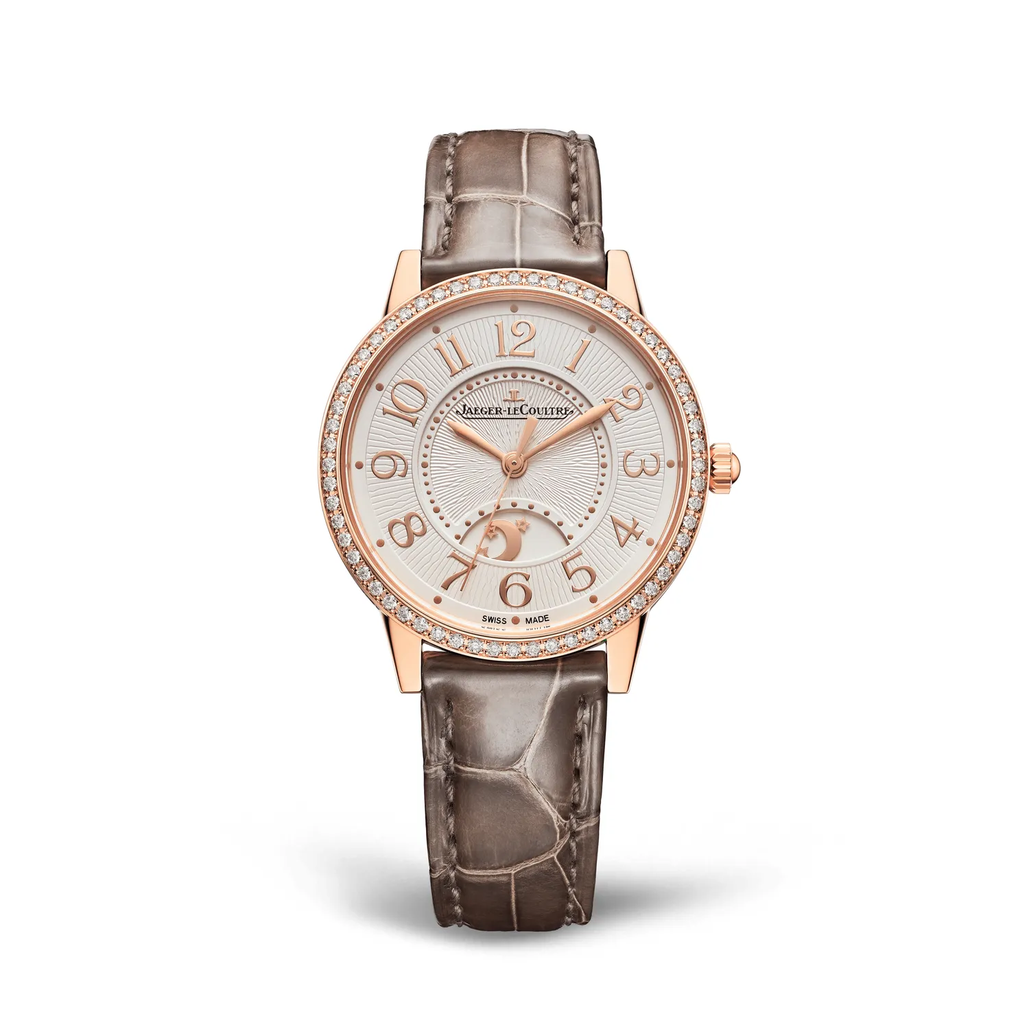 Montre RENDEZ-VOUS Night & Day Medium Bracelet alligator taupe, Boucle déployante or rose, Cadran argenté guilloché chiffres appliqués or rose