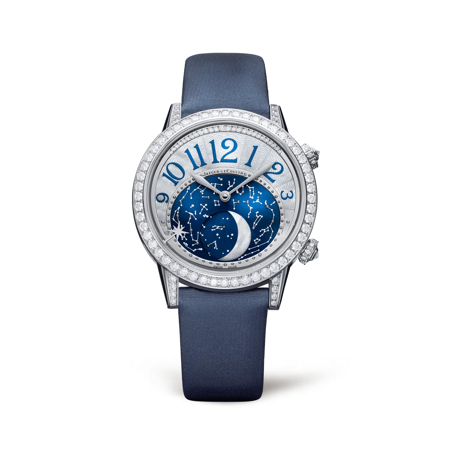 Montre RENDEZ-VOUS Moon Bracelet satin bleu, Boucle déployante or gris, Cadran nacre