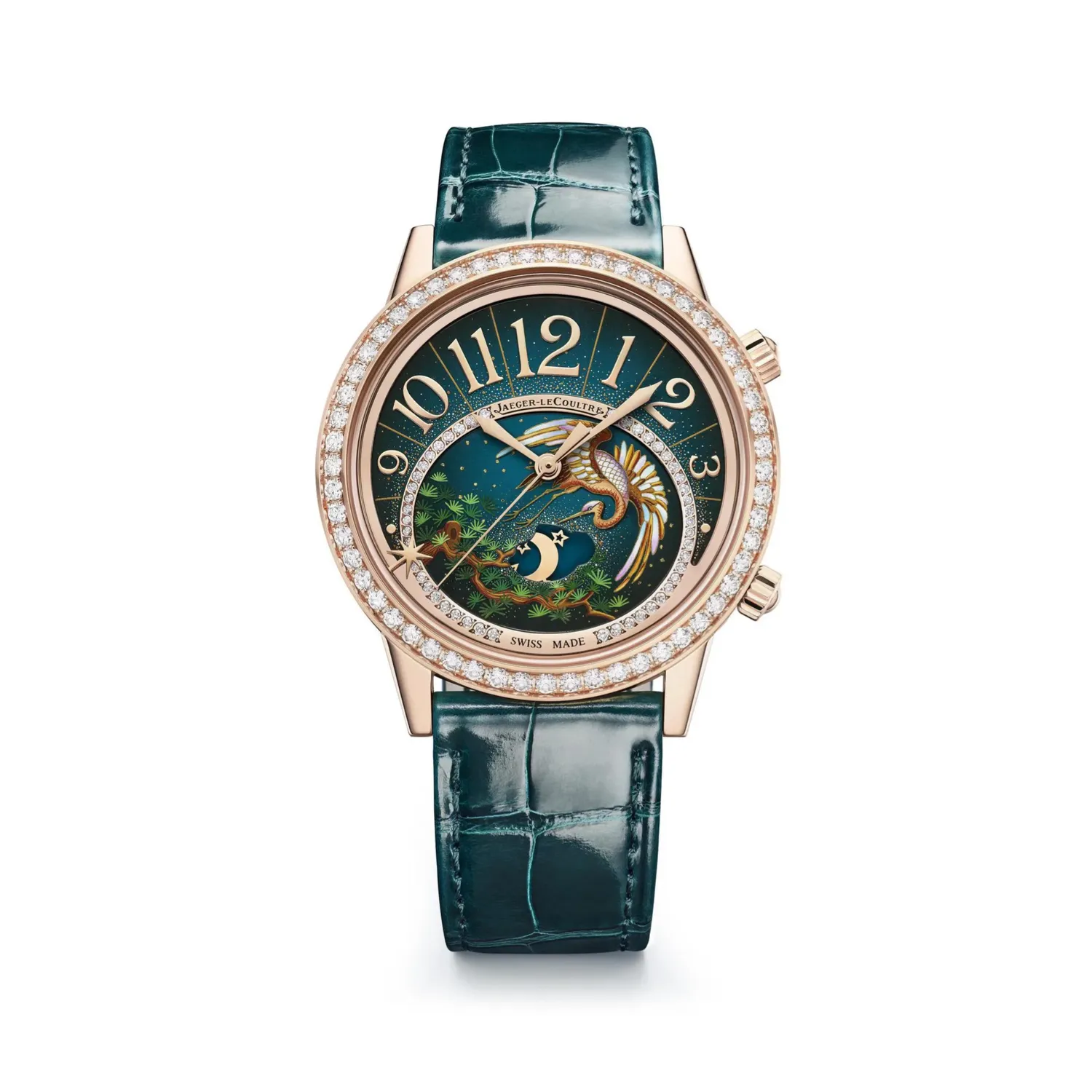 Montre RENDEZ-VOUS SONATINA "La Grue" sertie de diamants n°10/10, Bracelet alligator vert, Boucle déployante or rose, Cadran décoré La Grue