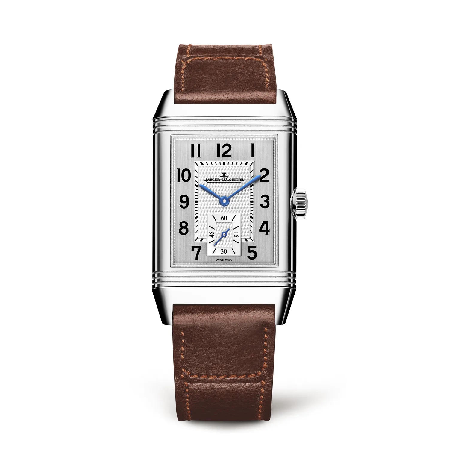Montre REVERSO CLASSIC Large Duoface Small Seconds Bacelet cuir brun Fagliano, Boucle déployante, Cadrans argenté guilloché brossé vertical et noir guilloché Clous de Paris et velouté