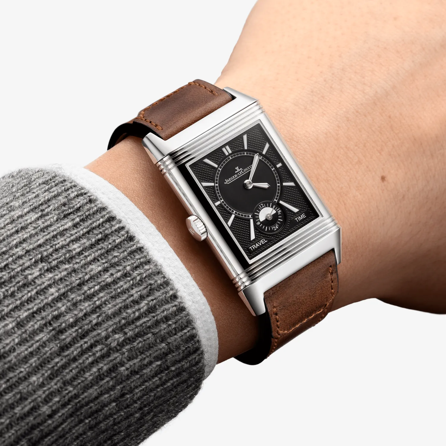 Montre REVERSO CLASSIC Large Duoface Small Seconds Bacelet cuir brun Fagliano, Boucle déployante, Cadrans argenté guilloché brossé vertical et noir guilloché Clous de Paris et velouté