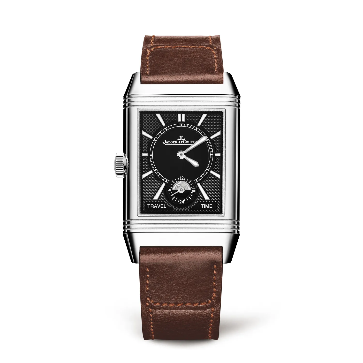 Montre REVERSO CLASSIC Large Duoface Small Seconds Bacelet cuir brun Fagliano, Boucle déployante, Cadrans argenté guilloché brossé vertical et noir guilloché Clous de Paris et velouté