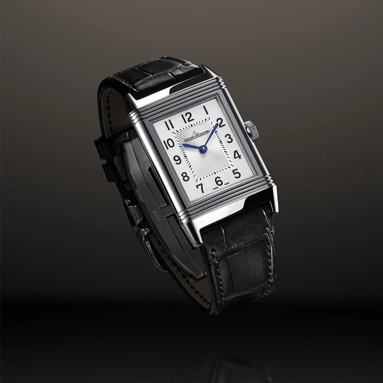 Montre REVERSO CLASSIC Large Small Seconds, Bracelet veau noir Fagliano, Boucle ardillon, Cadran argenté guilloché brossé vertical chiffres arabes
