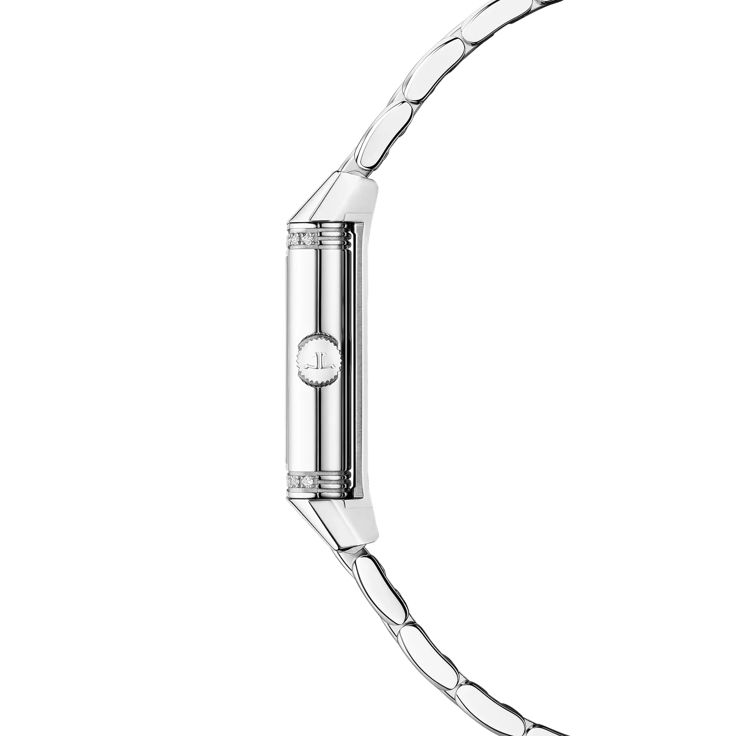 Montre REVERSO CLASSIC "Origin" sertie diamants, Bracelet acier "grain de riz", Cadran argenté guilloché et brossé vertical
